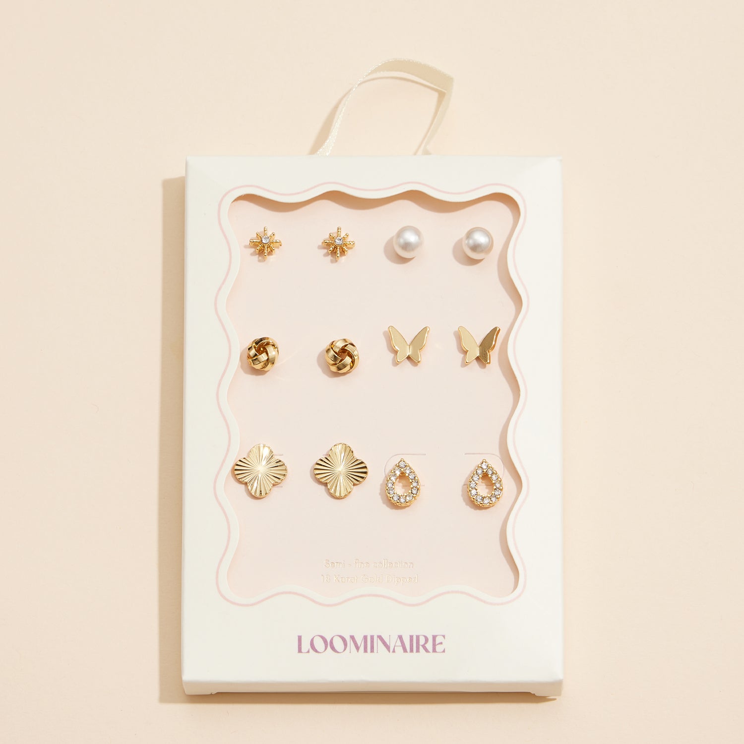 18K Gold Dipped Elegant 6-Piece Gold Stud Earring Set – Butterflies, Pearls, and Crystal Accents