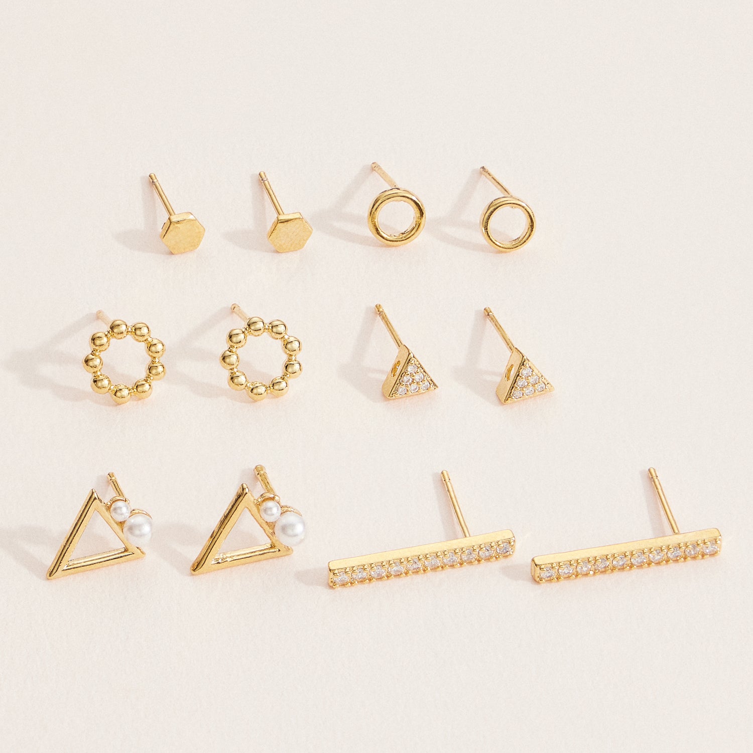 18K Gold Dipped Geometric Stud Earrings – Hexagon, Circle & Triangle Designs