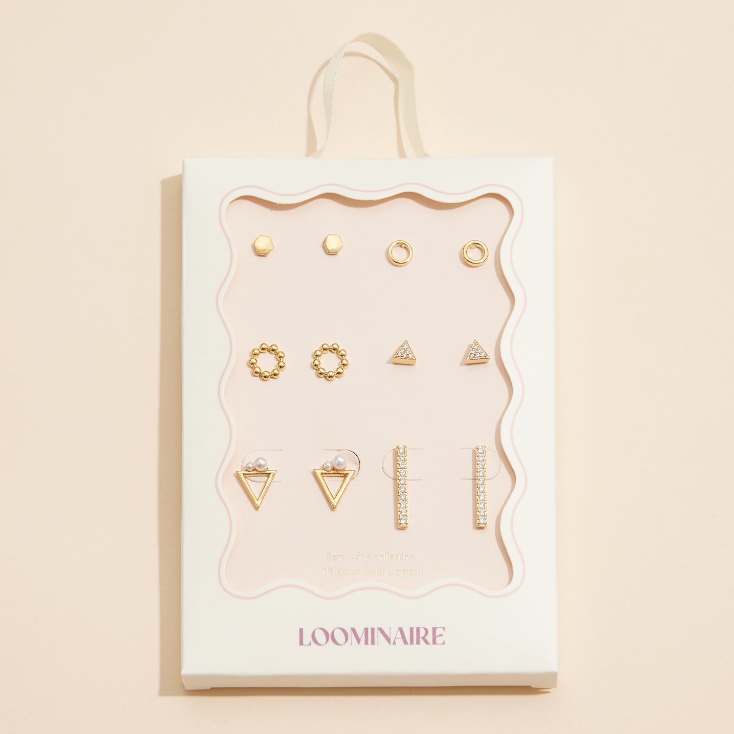 18K Gold Dipped Geometric Stud Earring Set – Hexagons, Circles, Triangles, and Crystal-Accented Designs