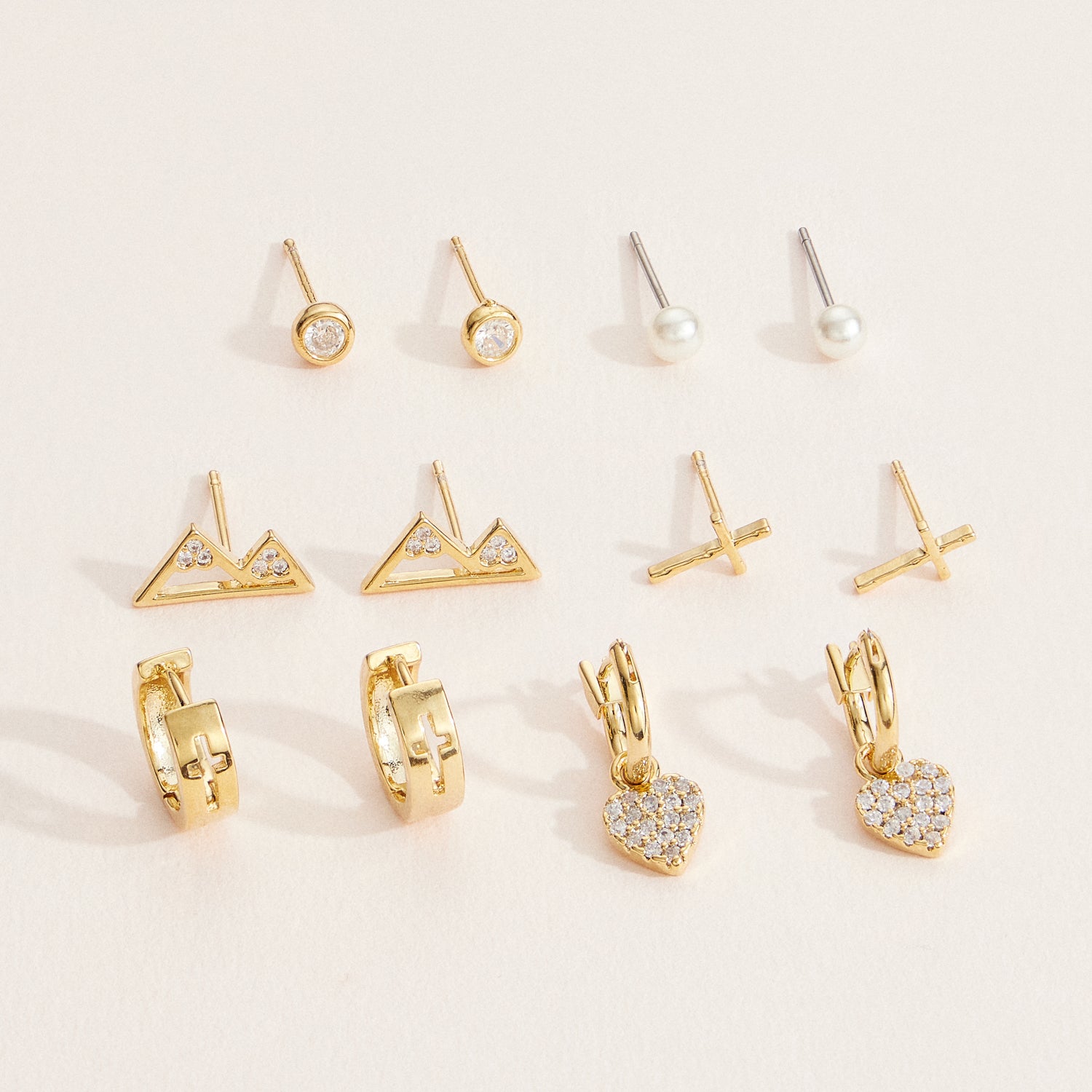 18K Gold Dipped 12-Piece Earring Set – Cross, Mountain, Heart & Pearl Collection