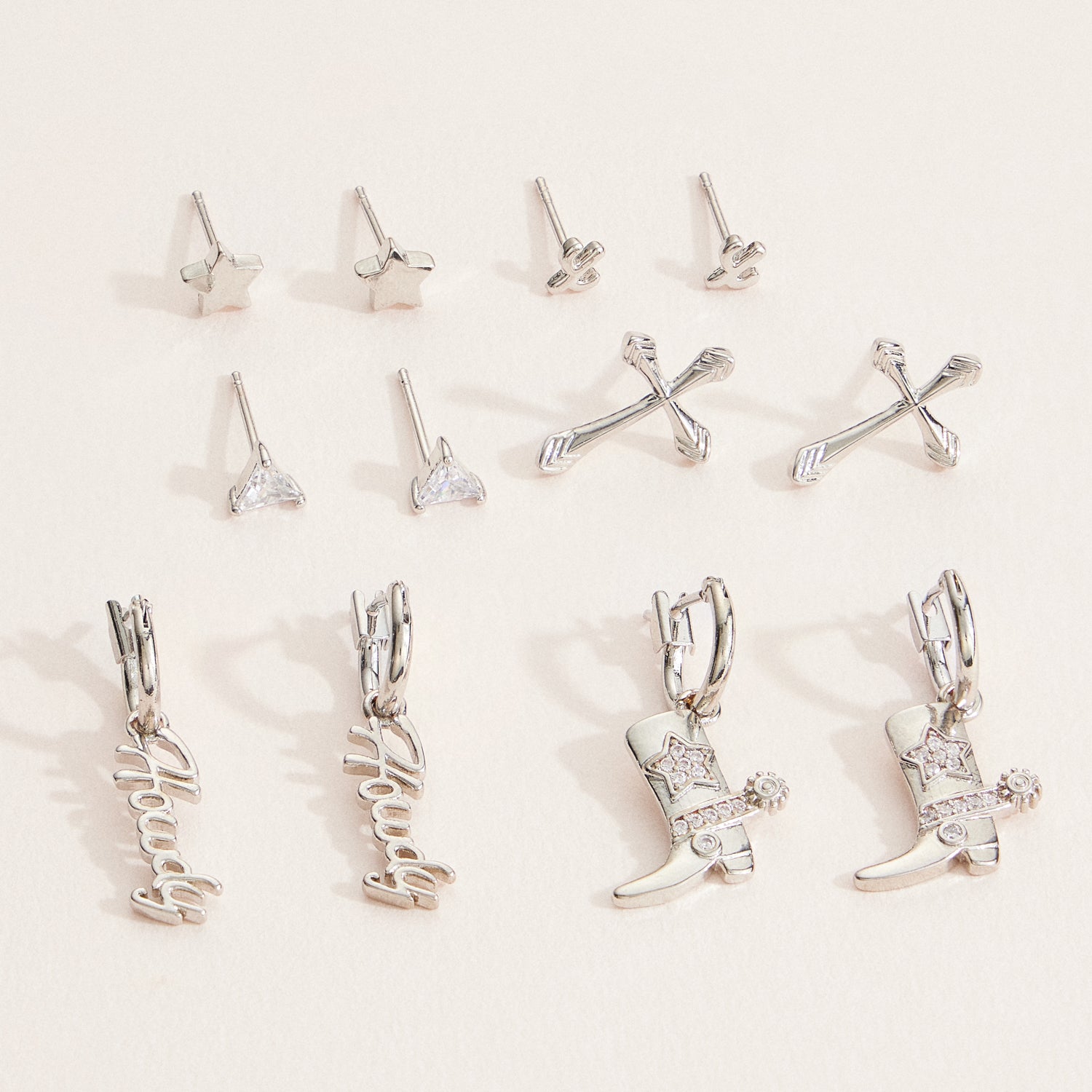 18K Gold Dipped 12-Piece Earring Set – Star, Cactus, Cross & Western Charms