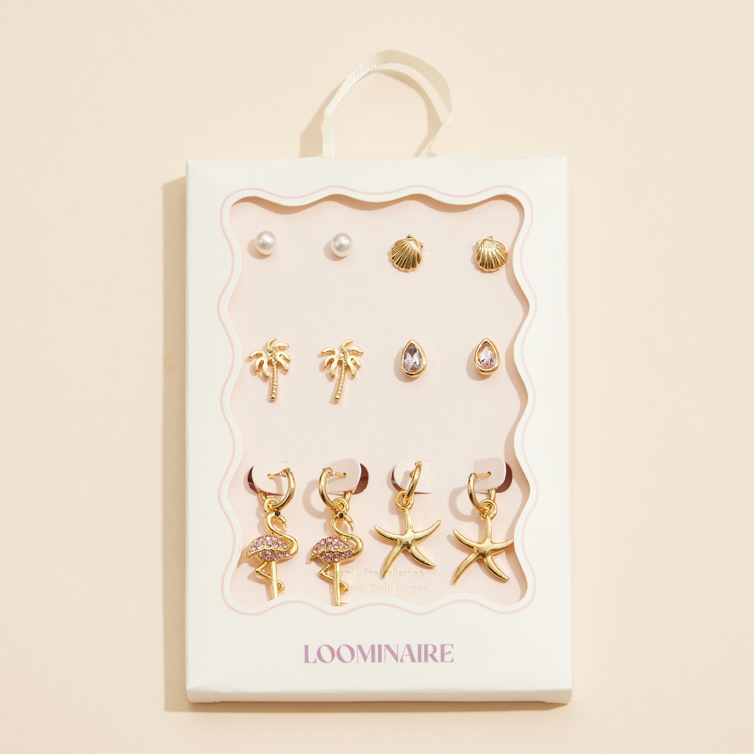 Gold Earring Set – Seashell, Palm Tree, Starfish, & Flamingo Charm Collection (18K Gold Dipped)