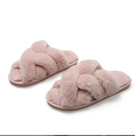 Plush Faux Fur Cross Band Slippers | Cozy Open Toe House Shoes