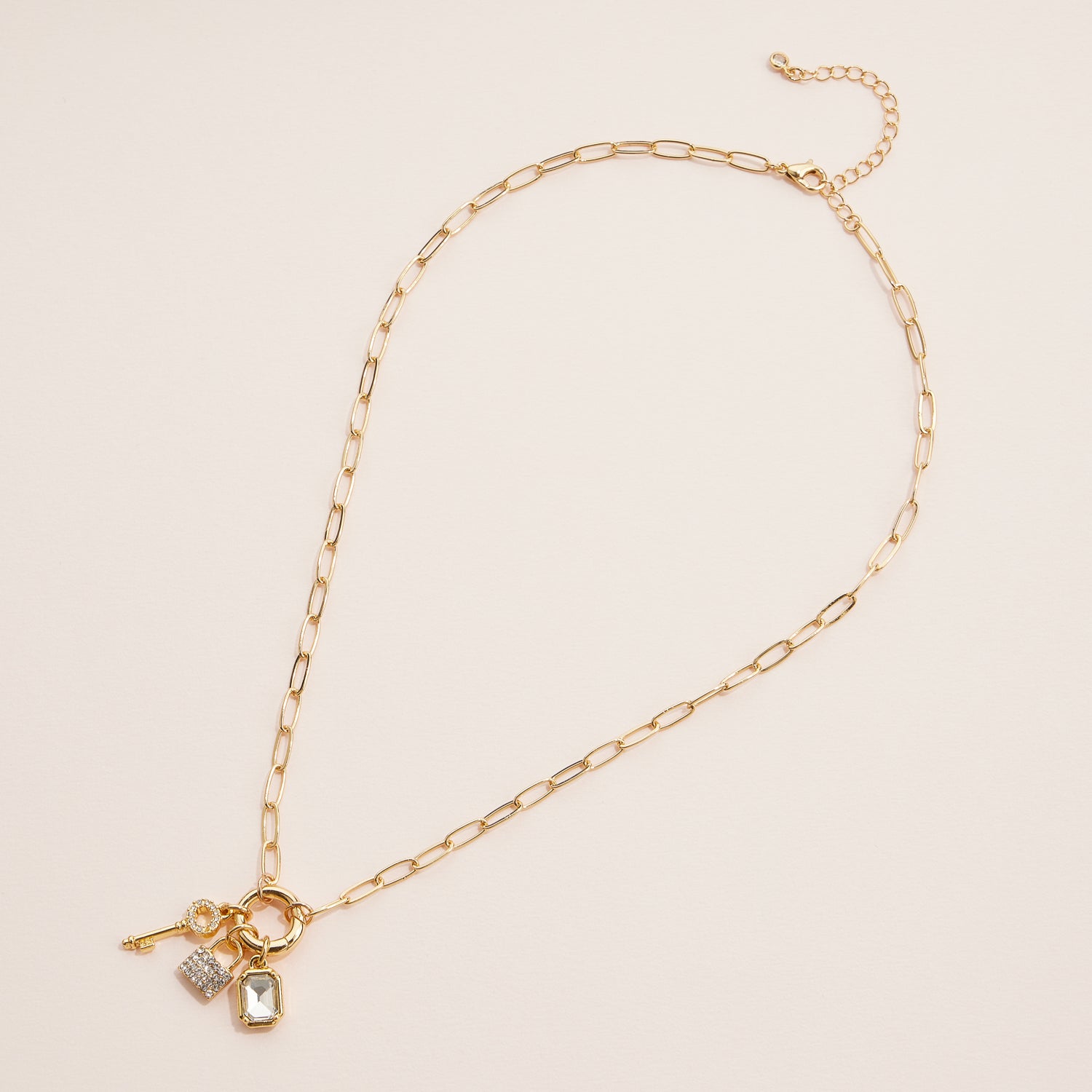 Key Charm Necklace with Gemstone Accents in 18K Gold Dipped Finish