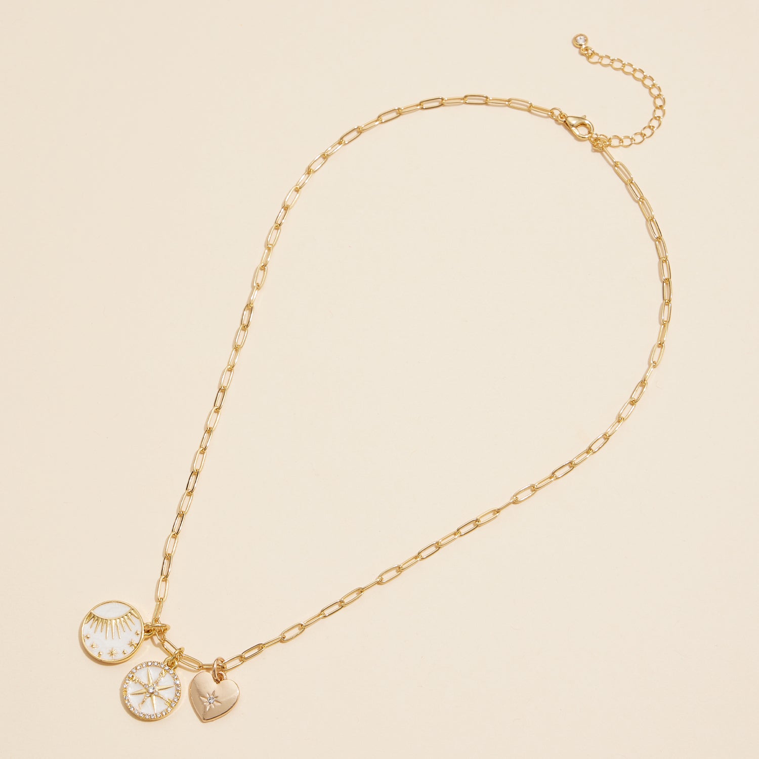 18K Gold Dipped Celestial Necklace with Heart, Sun, and Compass Charms