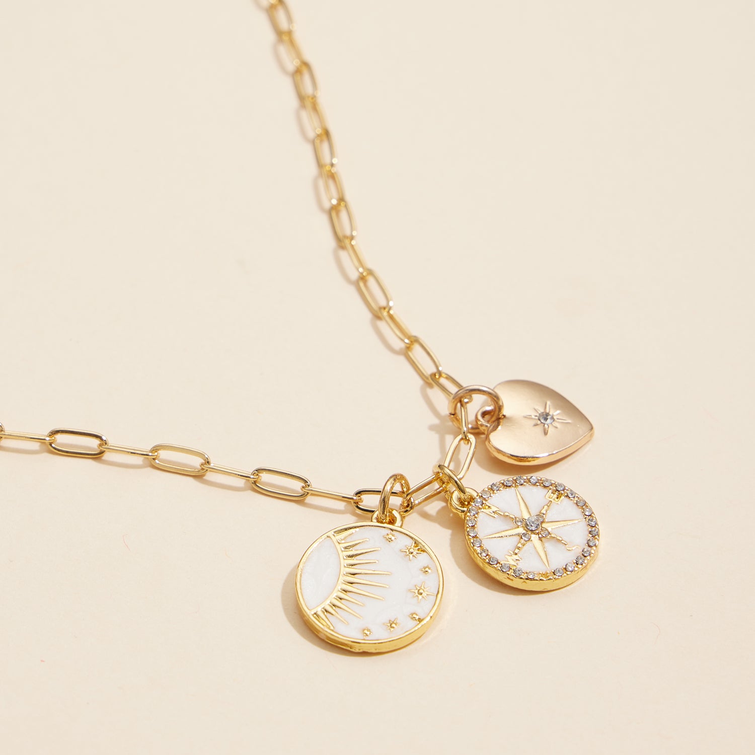 18K Gold Dipped Celestial Necklace with Heart, Sun, and Compass Charms