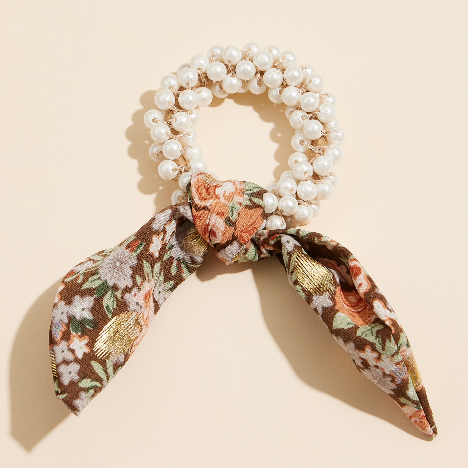 Pearl Hair Tie with Flowing Floral Scarf