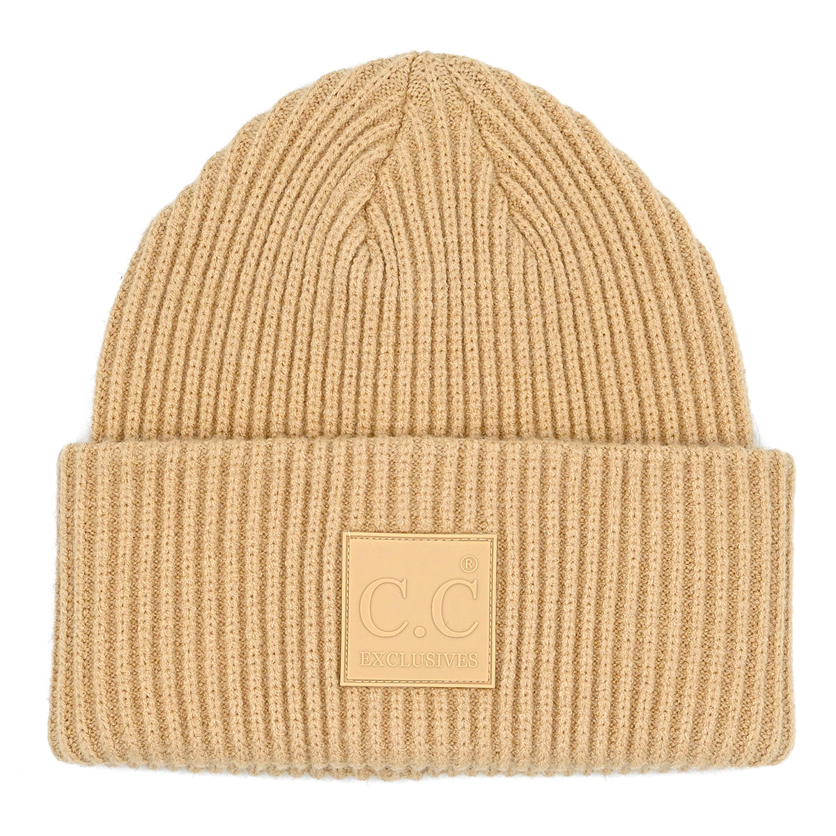Solid Ribbed Knit Beanie Hat with Rubber Patch – Soft Stretchy Winter Beanie