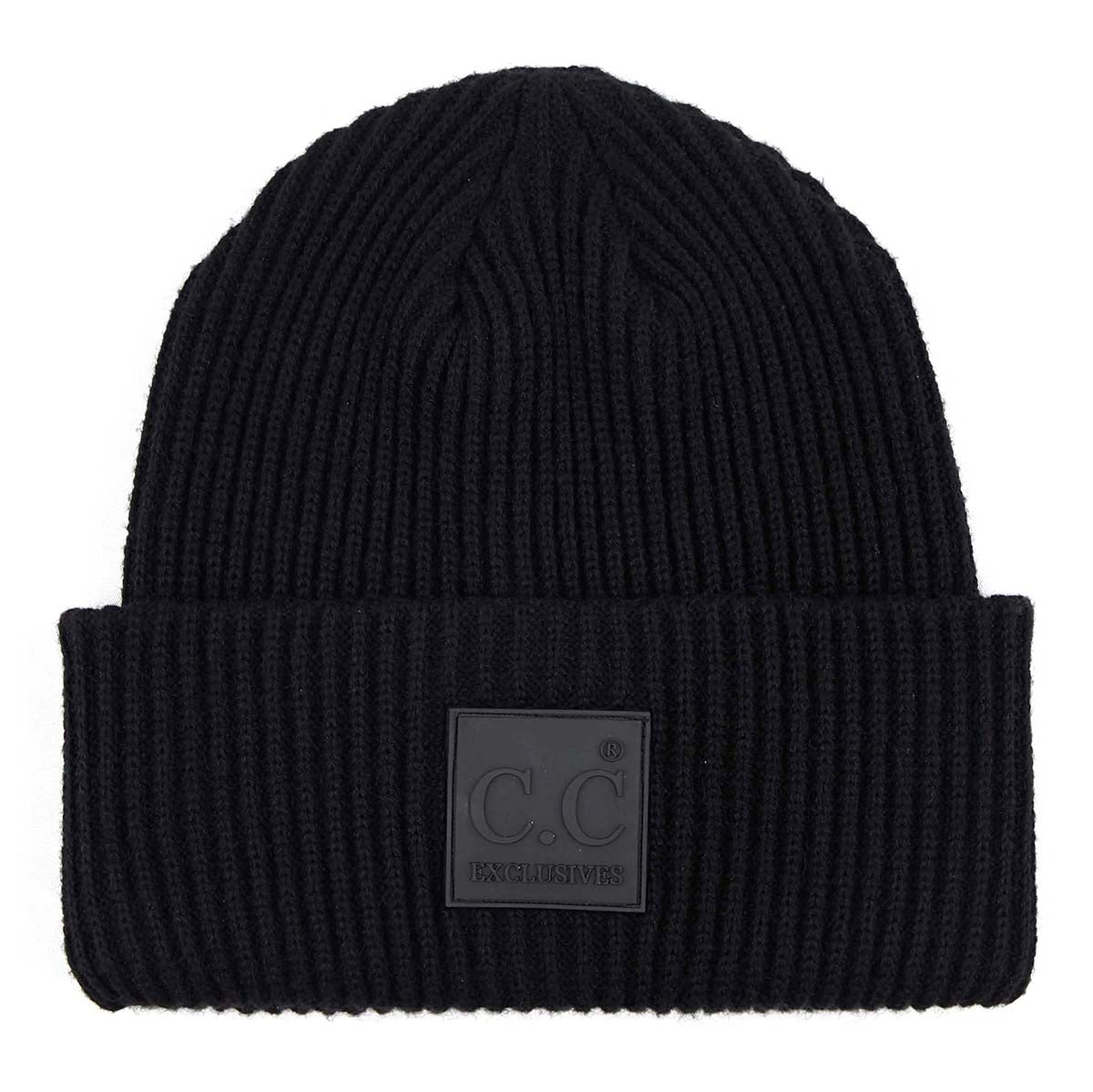 Solid Ribbed Knit Beanie Hat with Rubber Patch – Soft Stretchy Winter Beanie