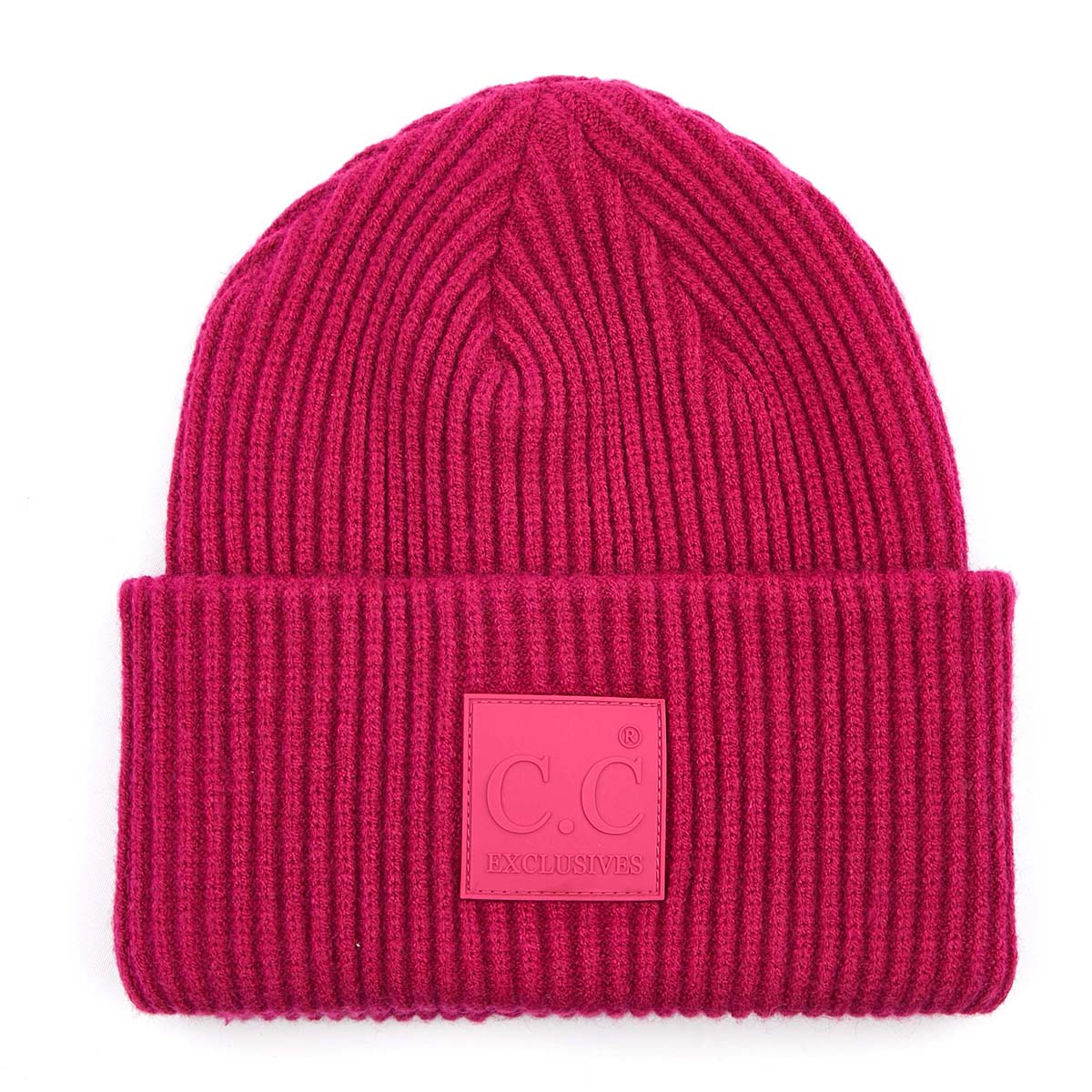 Solid Ribbed Knit Beanie Hat with Rubber Patch – Soft Stretchy Winter Beanie