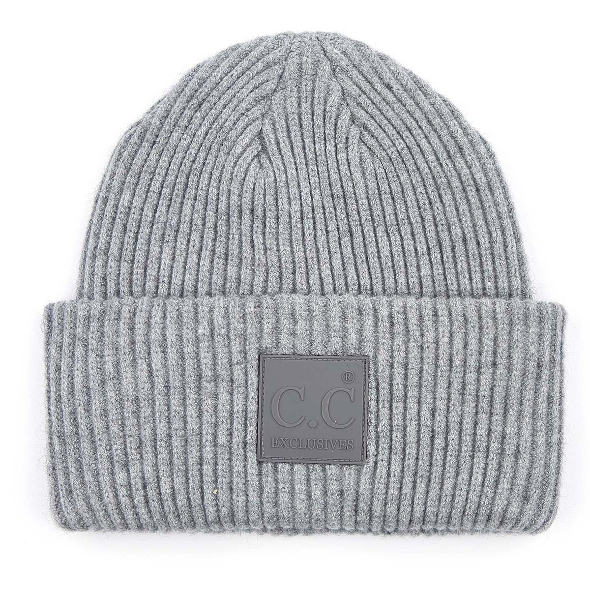 Solid Ribbed Knit Beanie Hat with Rubber Patch – Soft Stretchy Winter Beanie