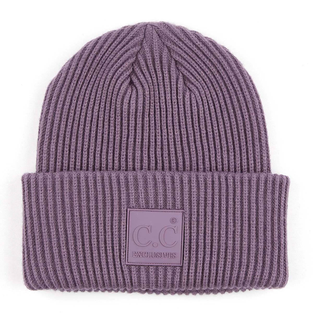 Solid Ribbed Knit Beanie Hat with Rubber Patch – Soft Stretchy Winter Beanie