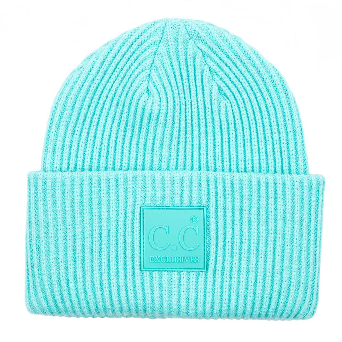 Solid Ribbed Knit Beanie Hat with Rubber Patch – Soft Stretchy Winter Beanie