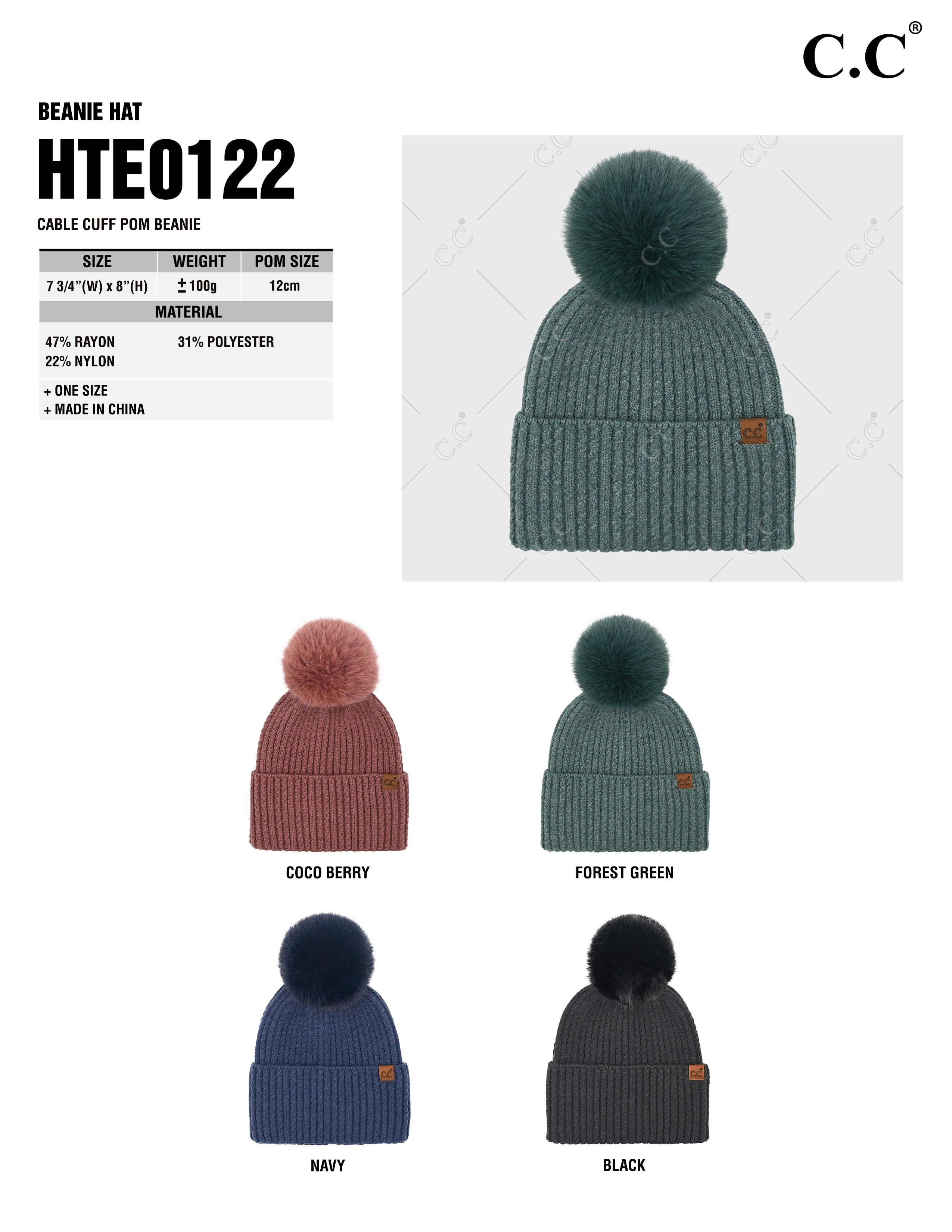 Cable Knit Pom Beanie – Ribbed Cuff Beanie with Pom