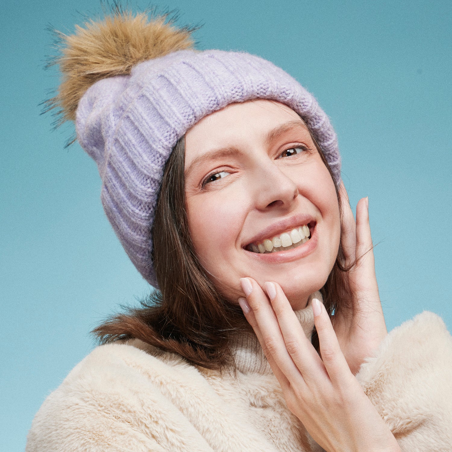 Recycled Yarn Cable Knit Pom Beanie – Faux Fur Pom, Satin Lined Winter Hat