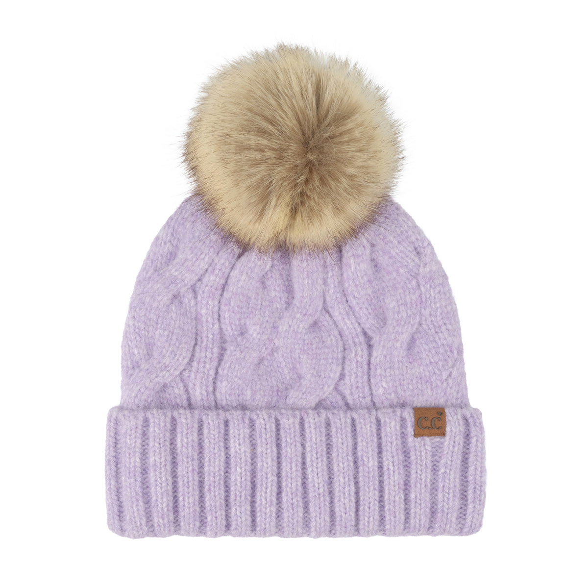 Recycled Yarn Cable Knit Pom Beanie – Faux Fur Pom, Satin Lined Winter Hat