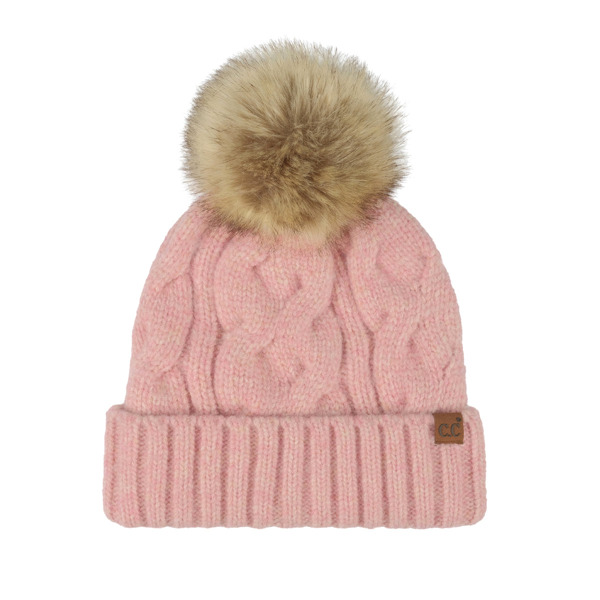 Recycled Yarn Cable Knit Pom Beanie – Faux Fur Pom, Satin Lined Winter Hat