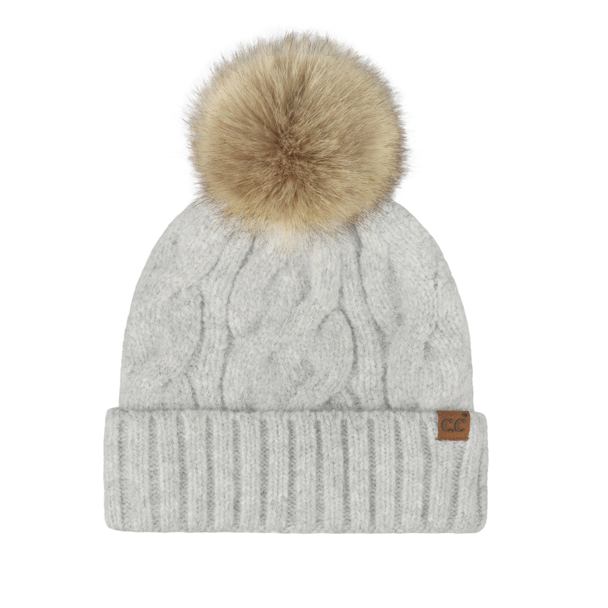 Recycled Yarn Cable Knit Pom Beanie – Faux Fur Pom, Satin Lined Winter Hat