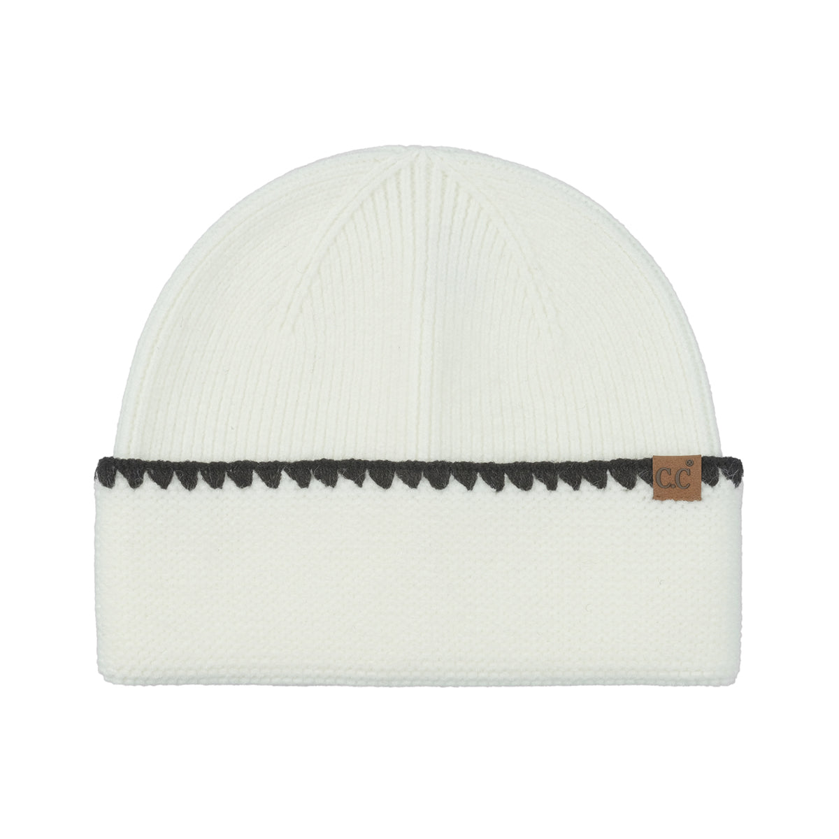 Stitch Cuff Knit Beanie Hat – Contrast Scallop Stitch Detail