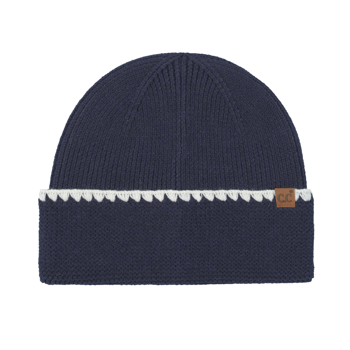Stitch Cuff Knit Beanie Hat – Contrast Scallop Stitch Detail