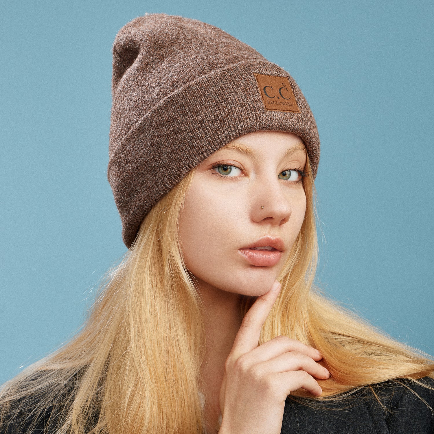 Heather Classic Knit Beanie with C.C Suede Patch