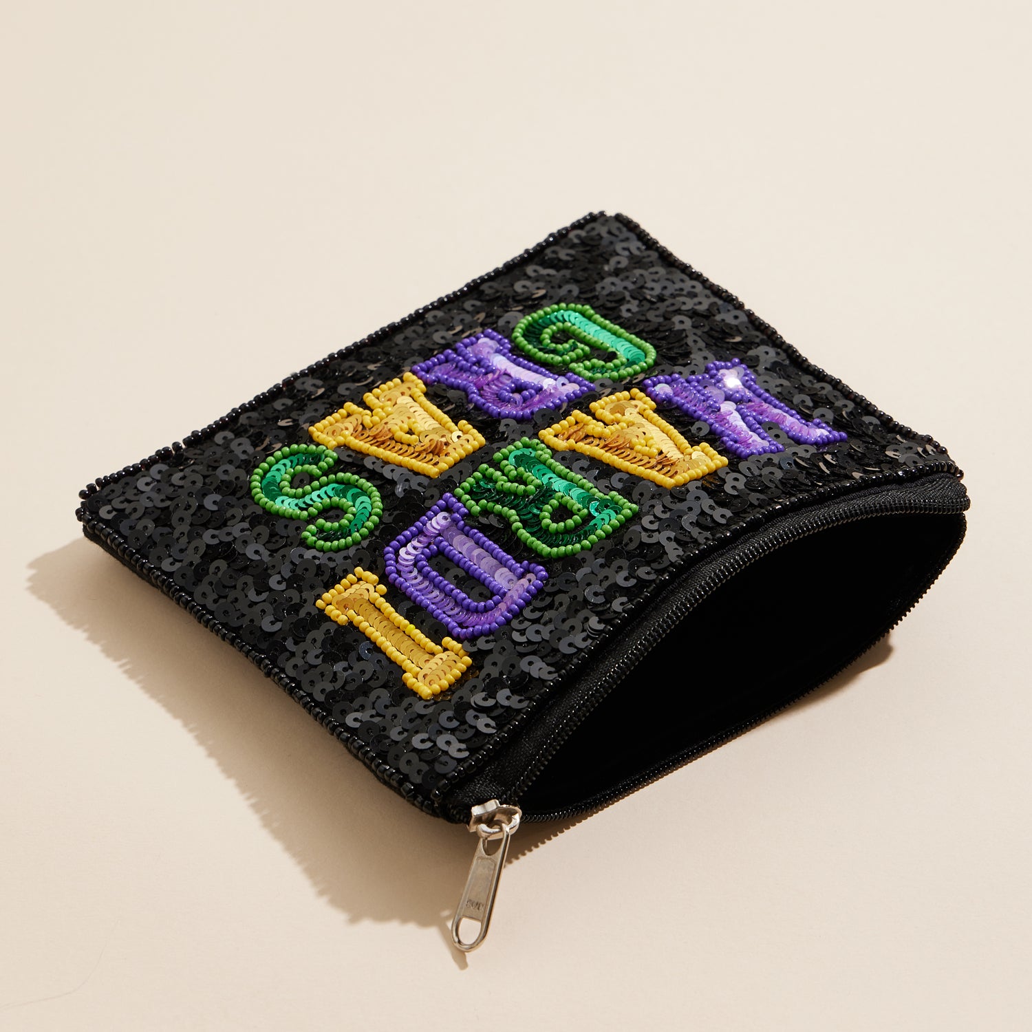 Beaded Mardi Gras Pouch with Statement Sequin Lettering