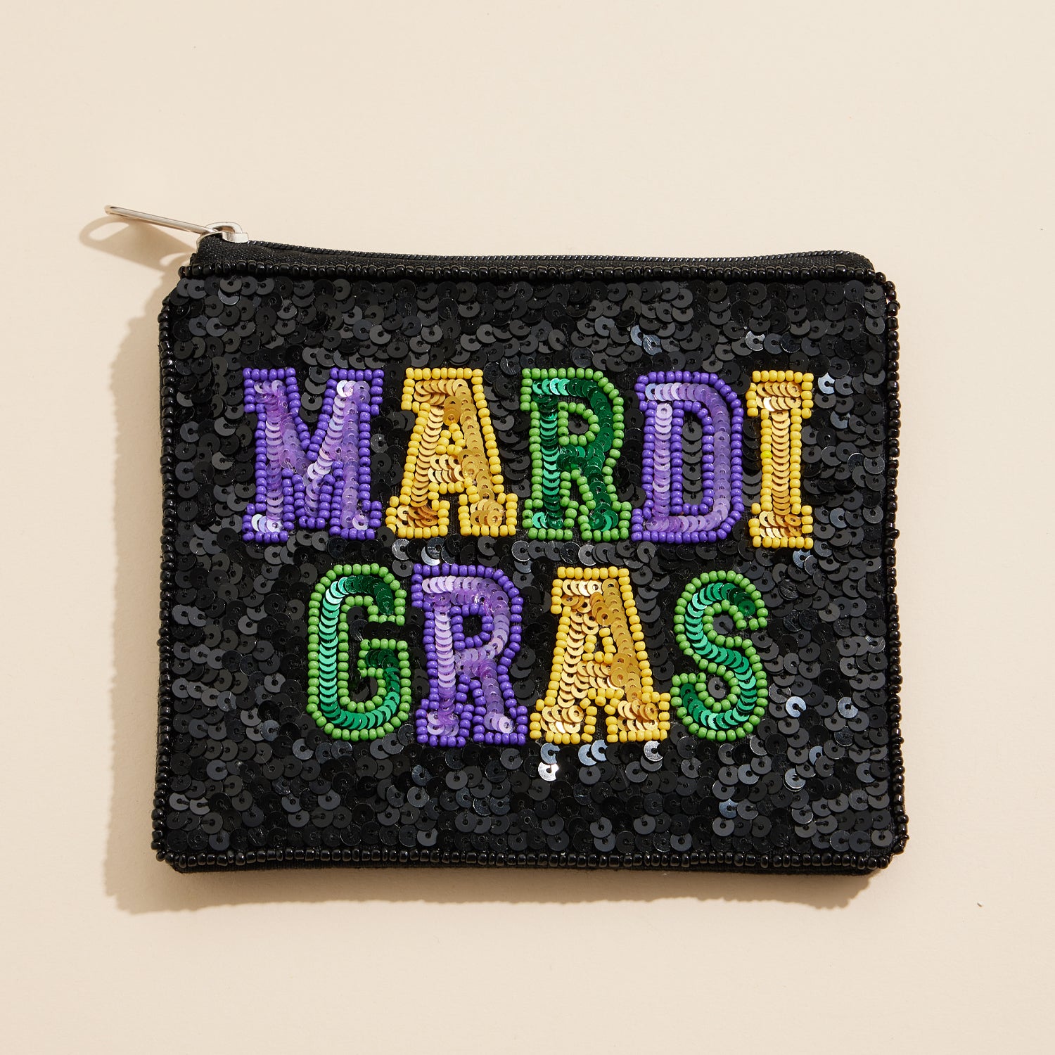 Beaded Mardi Gras Pouch with Statement Sequin Lettering