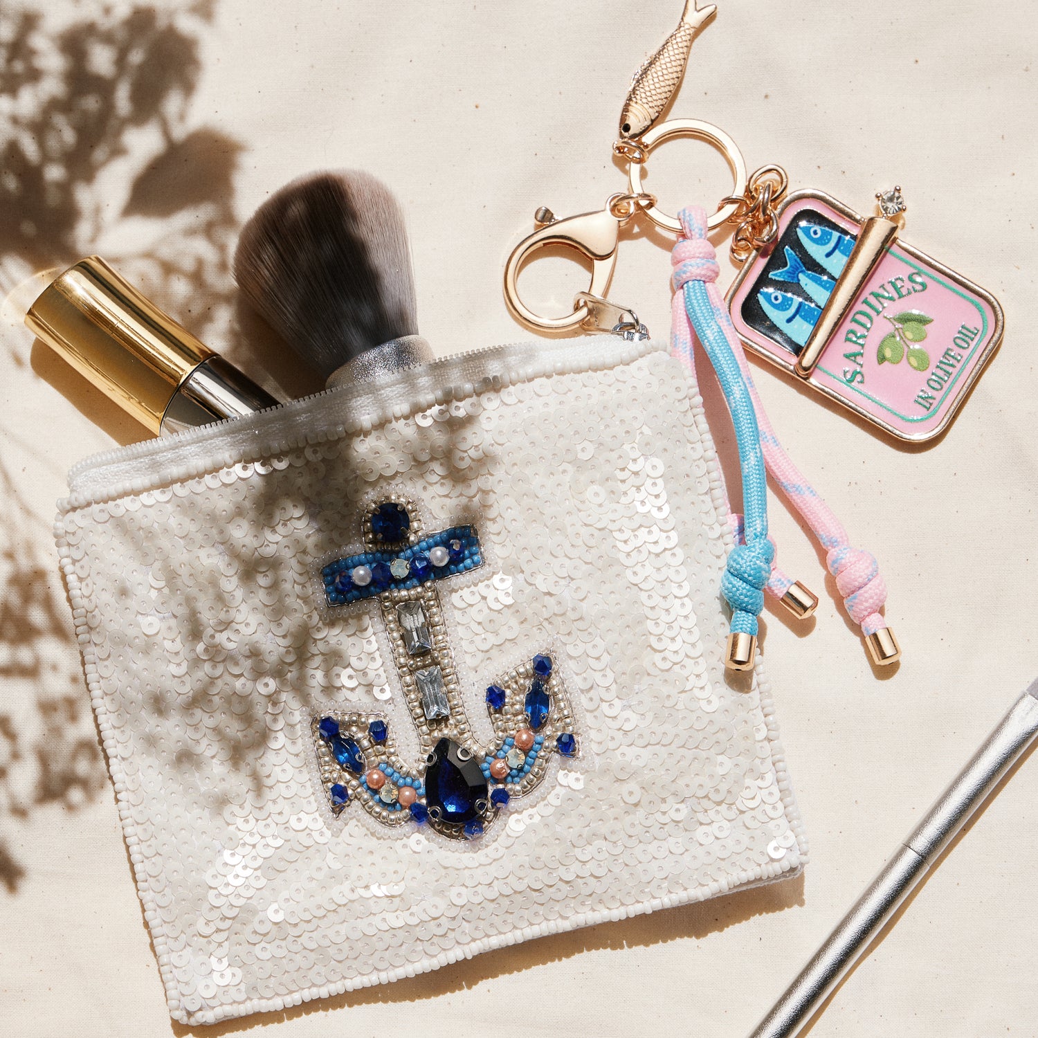 Beaded Sequin Anchor Coin Pouch — White Blue