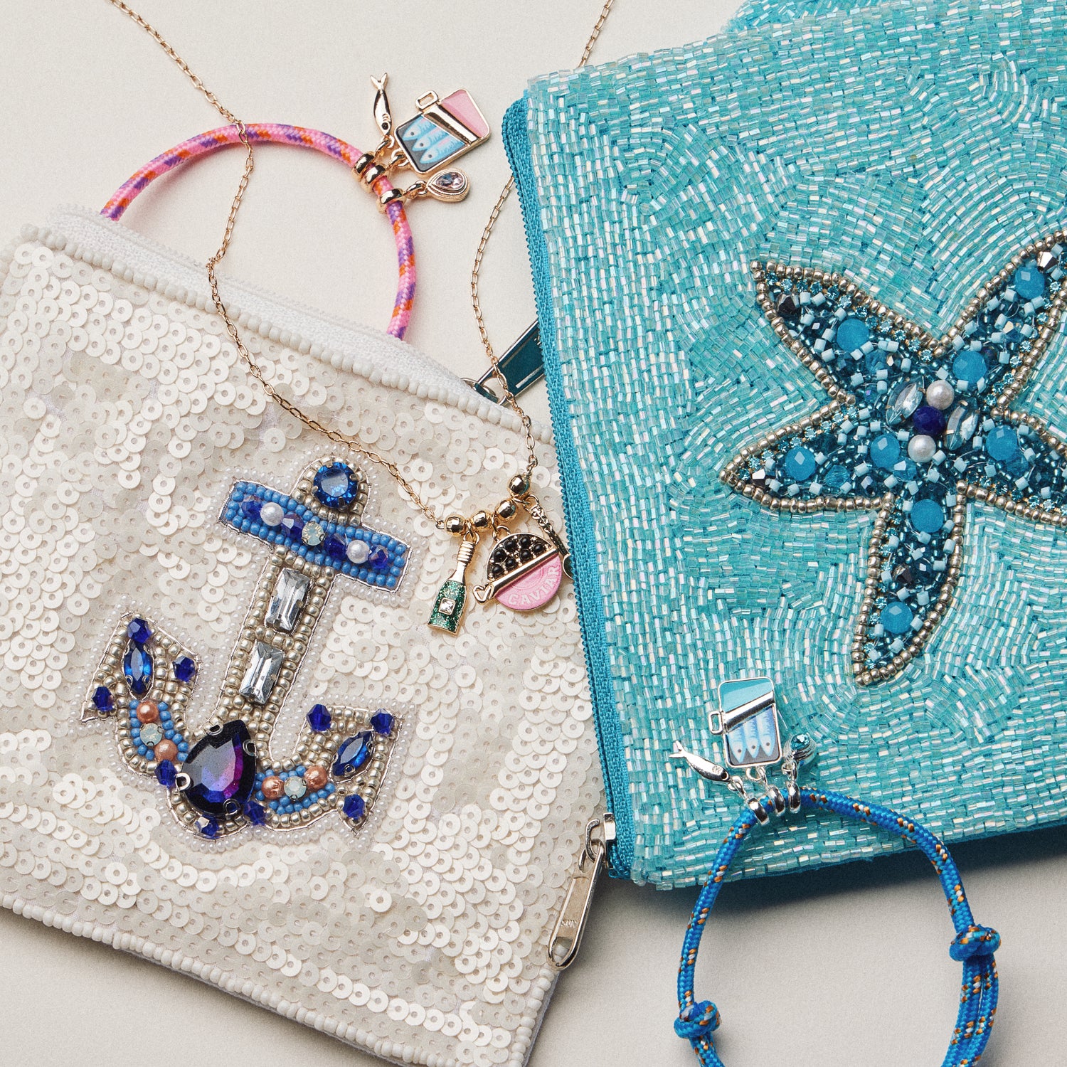 Beaded Sequin Starfish Pouch — Aqua