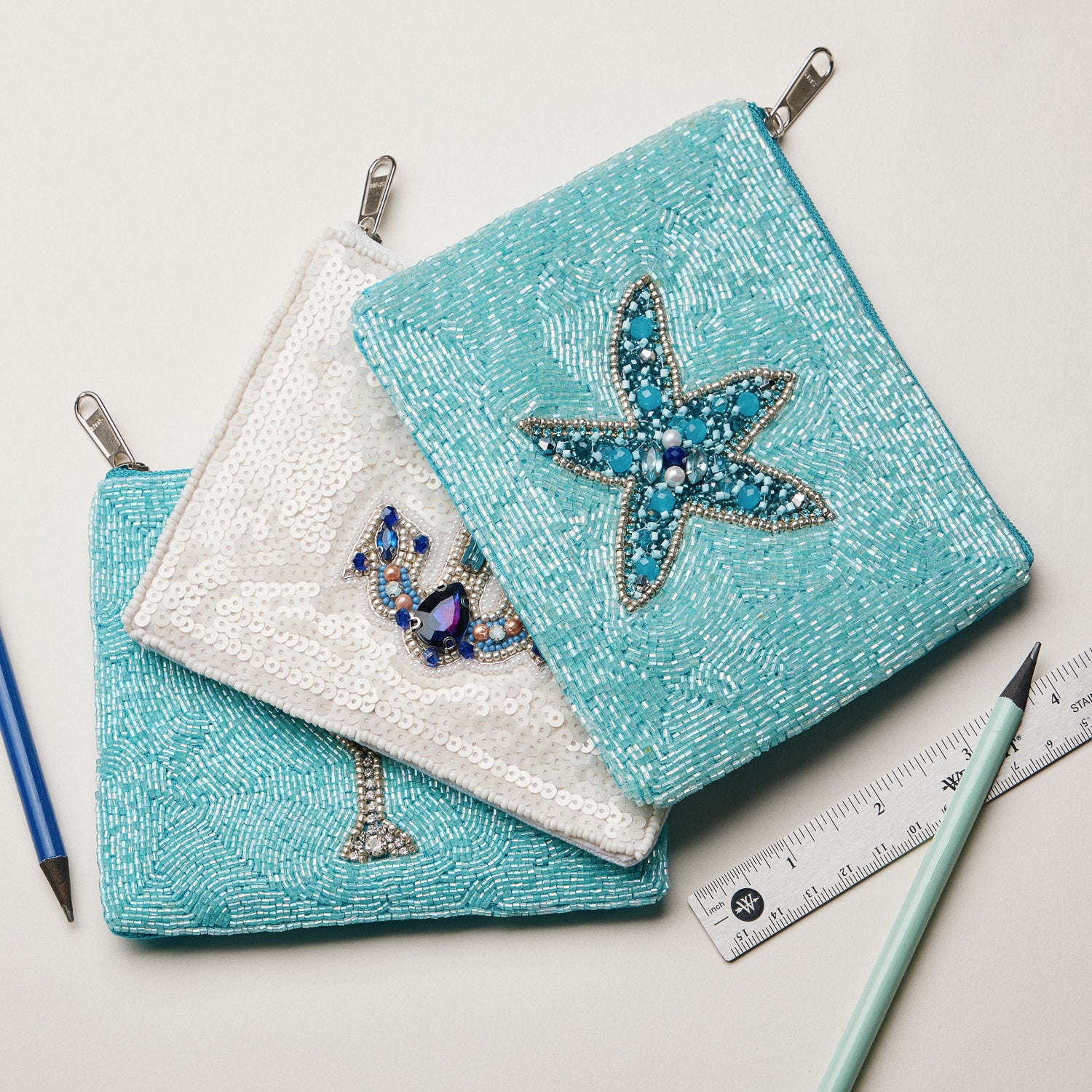 Beaded Sequin Starfish Pouch — Aqua