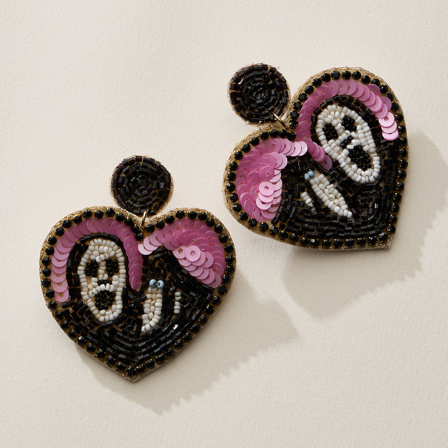 Heart Beaded Earrings with Grim Reaper Design