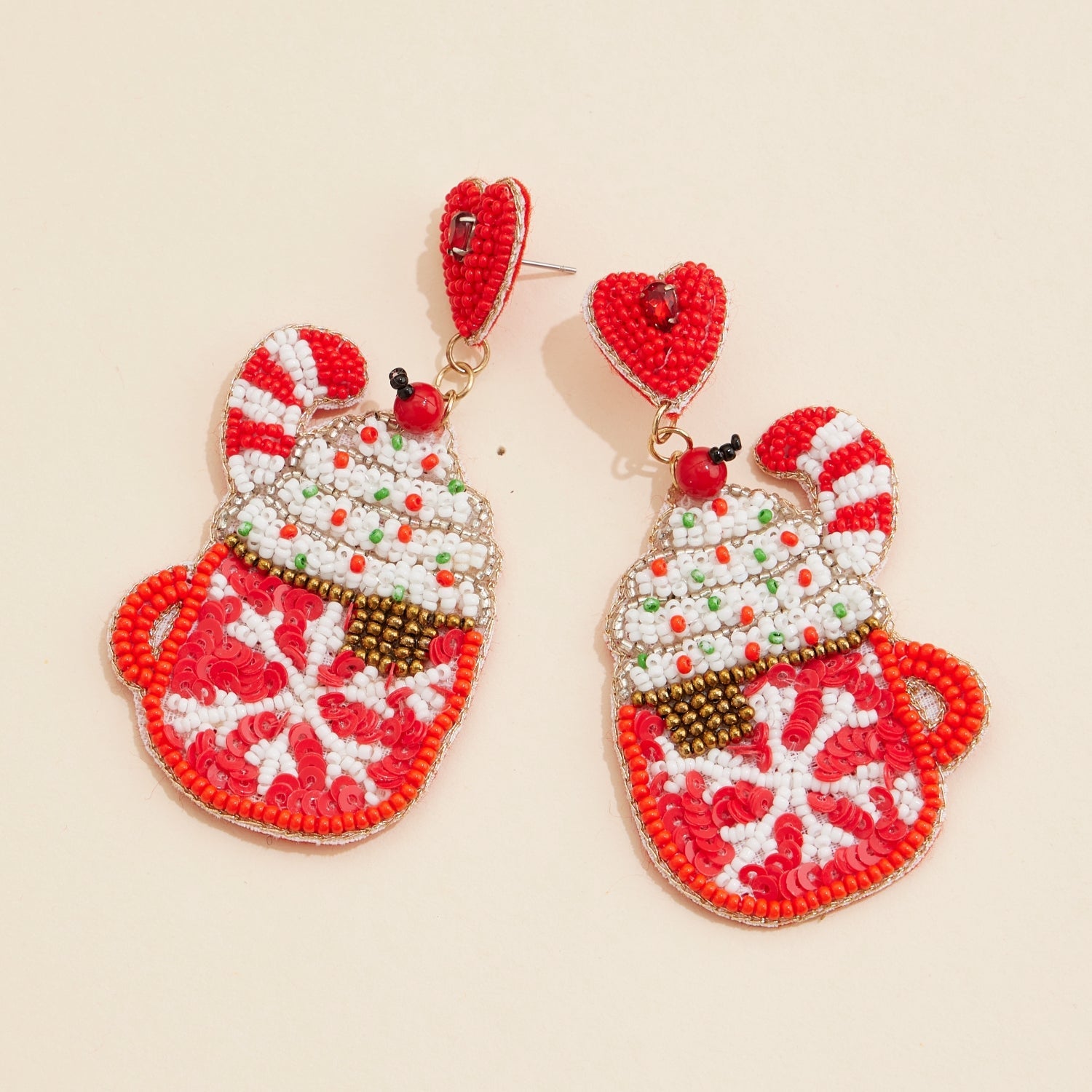 Christmas Hot Chocolate Mug Seed Beaded Dangling Earrings