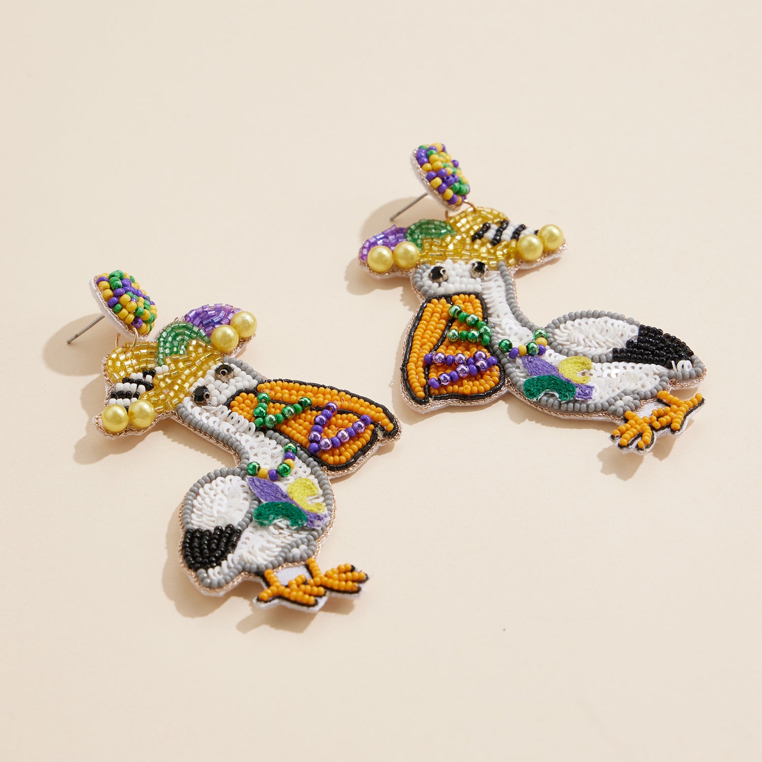 Playful Mardi Gras Pelican Beaded Earrings for Bold Carnival Style