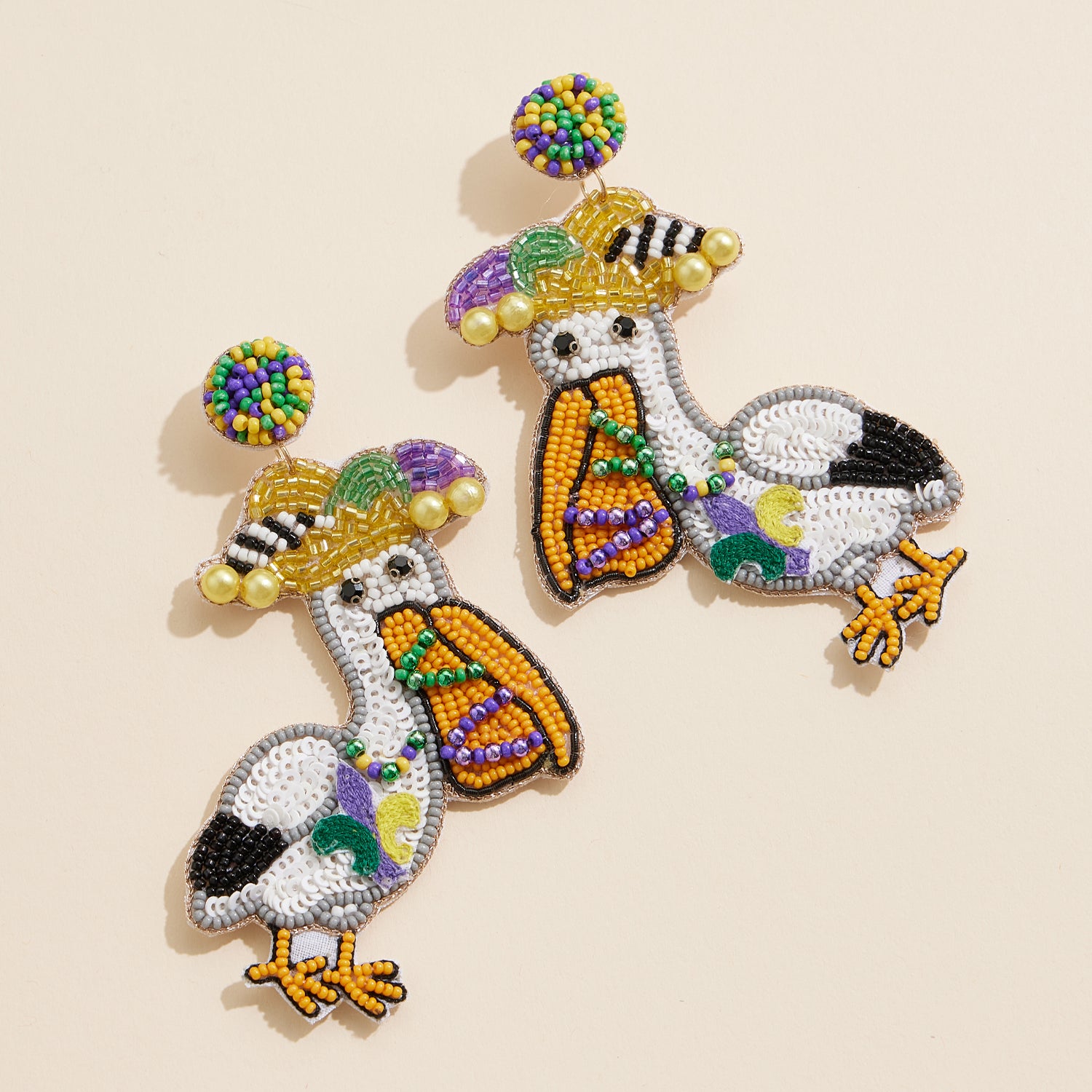 Playful Mardi Gras Pelican Beaded Earrings for Bold Carnival Style