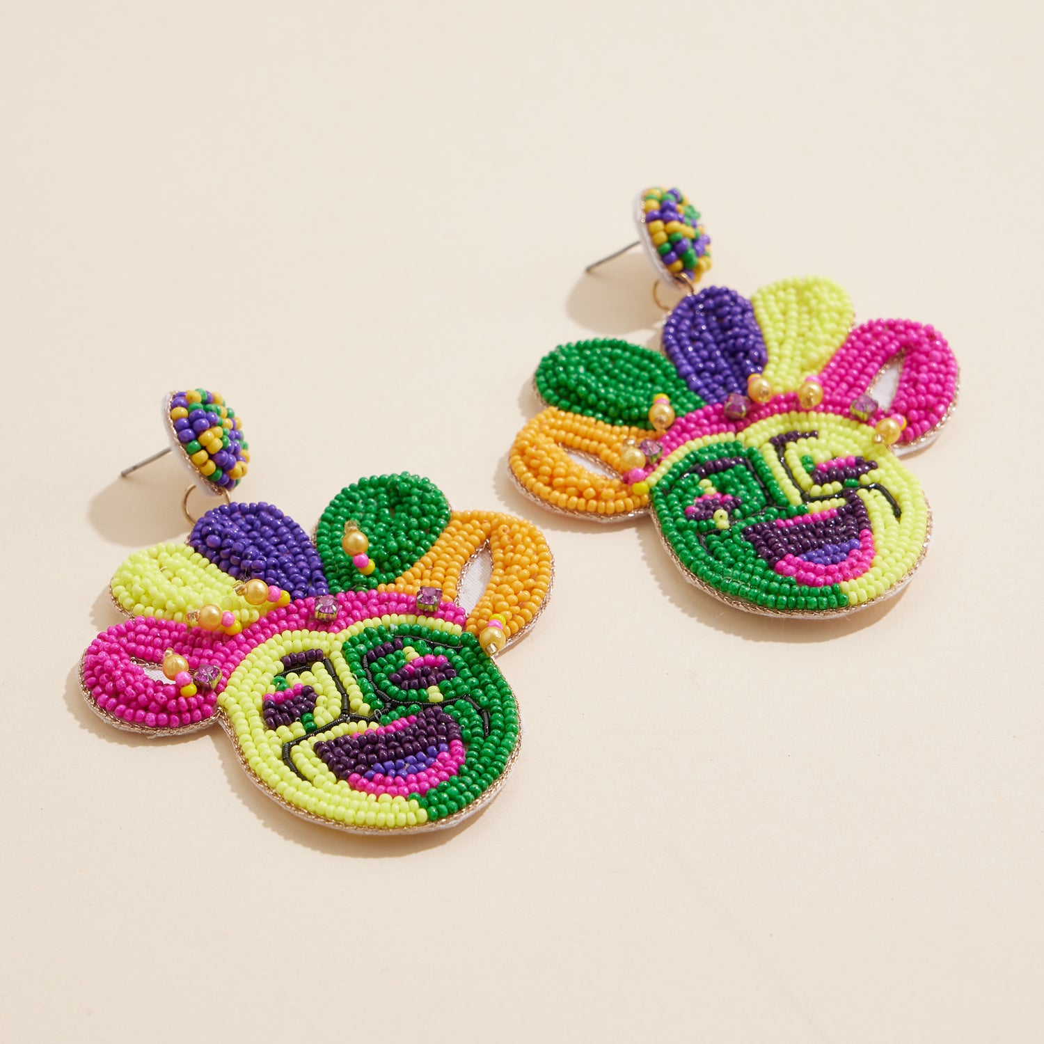 Vibrant Mardi Gras Jester Mask Beaded Earrings for Carnival Celebrations