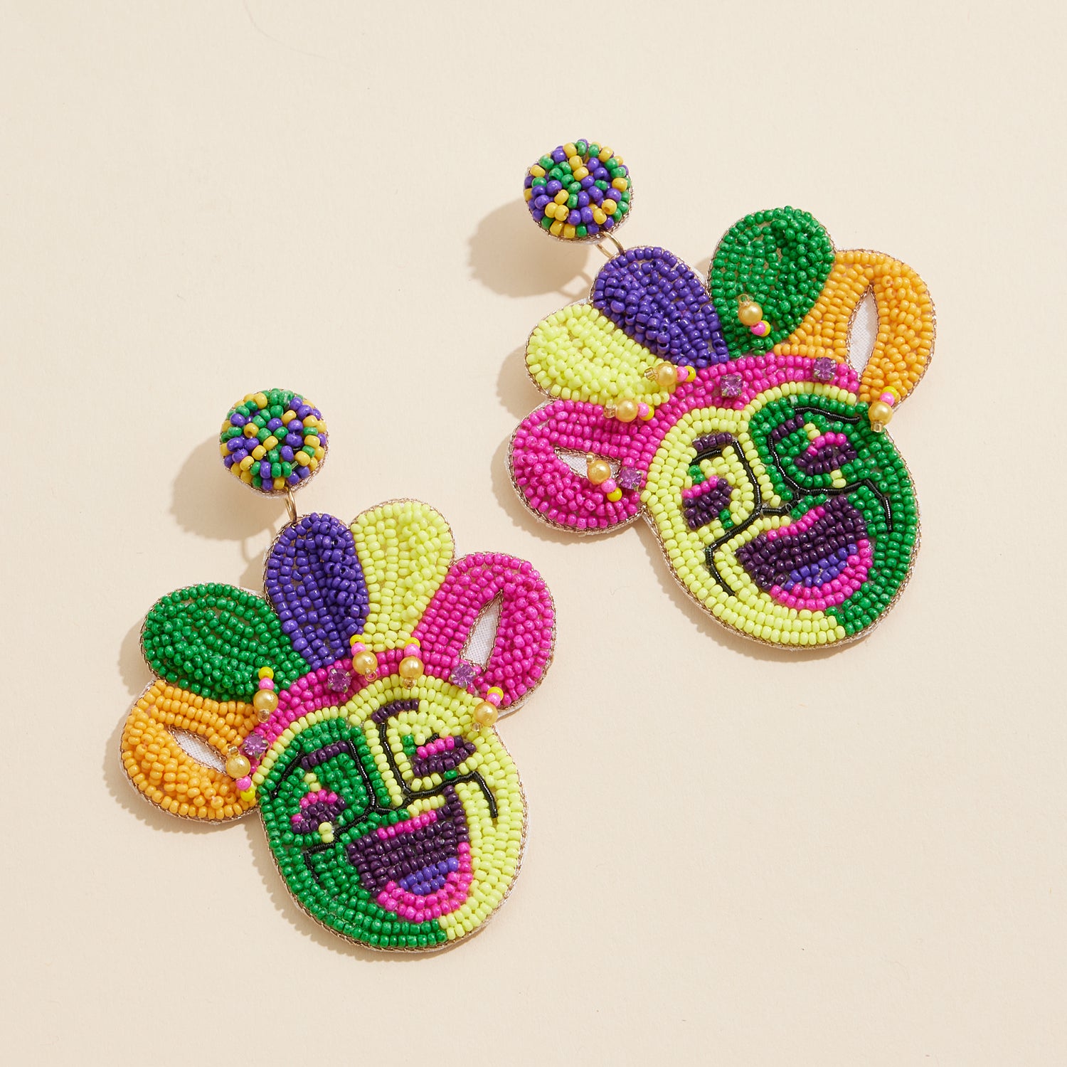 Vibrant Mardi Gras Jester Mask Beaded Earrings for Carnival Celebrations