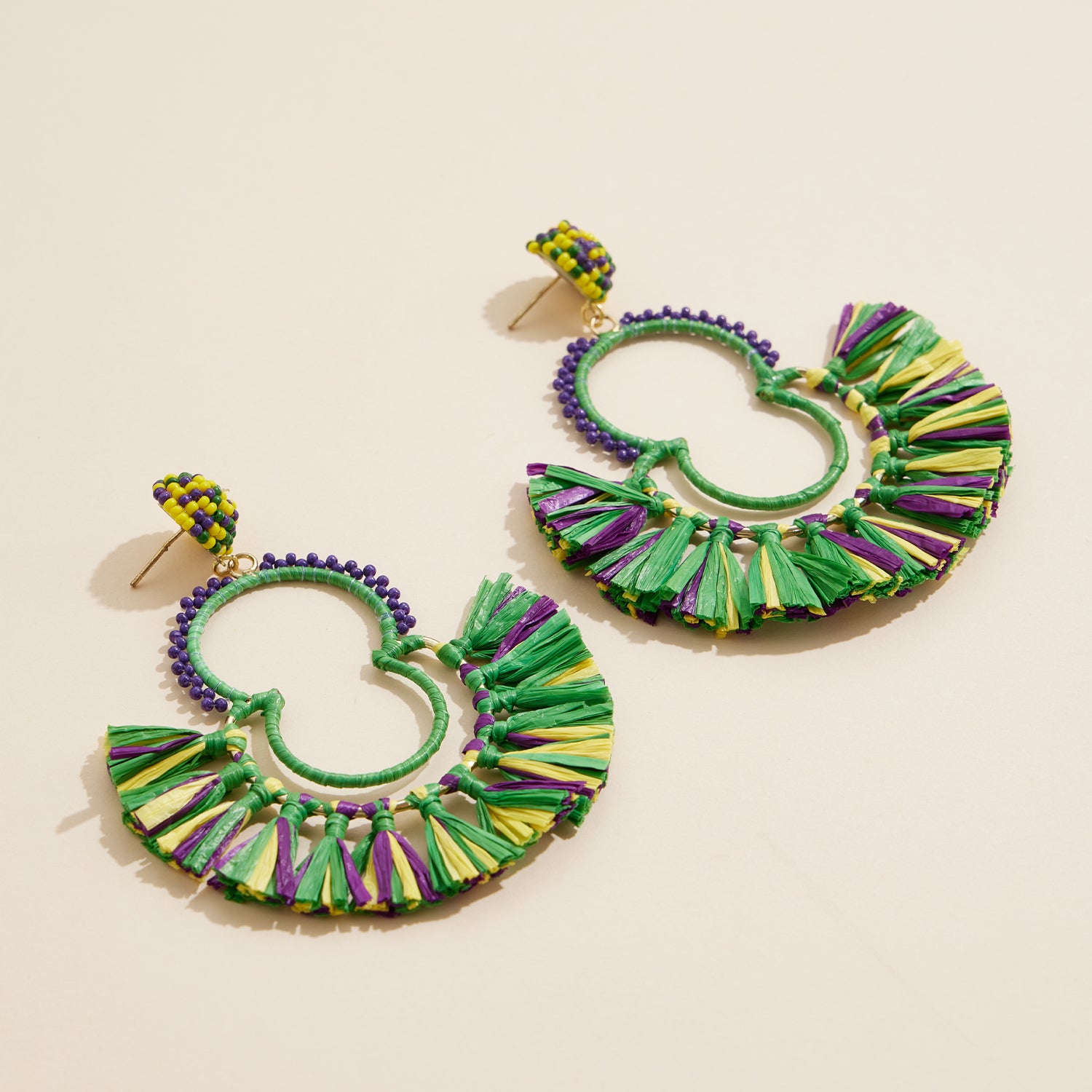Bold Mardi Gras Fringe Hoop Earrings with Beaded Details