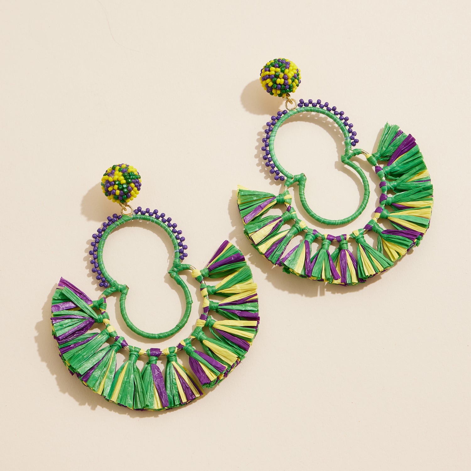 Bold Mardi Gras Fringe Hoop Earrings with Beaded Details