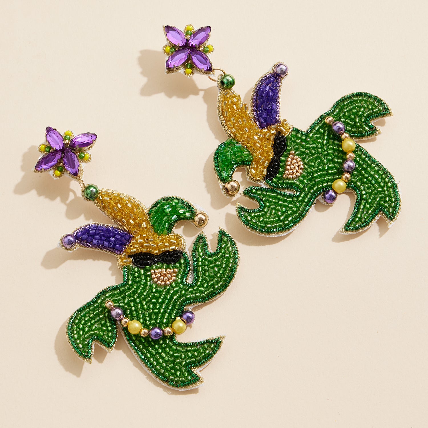 Whimsical Mardi Gras Crawfish Beaded Earrings with Jester Hat