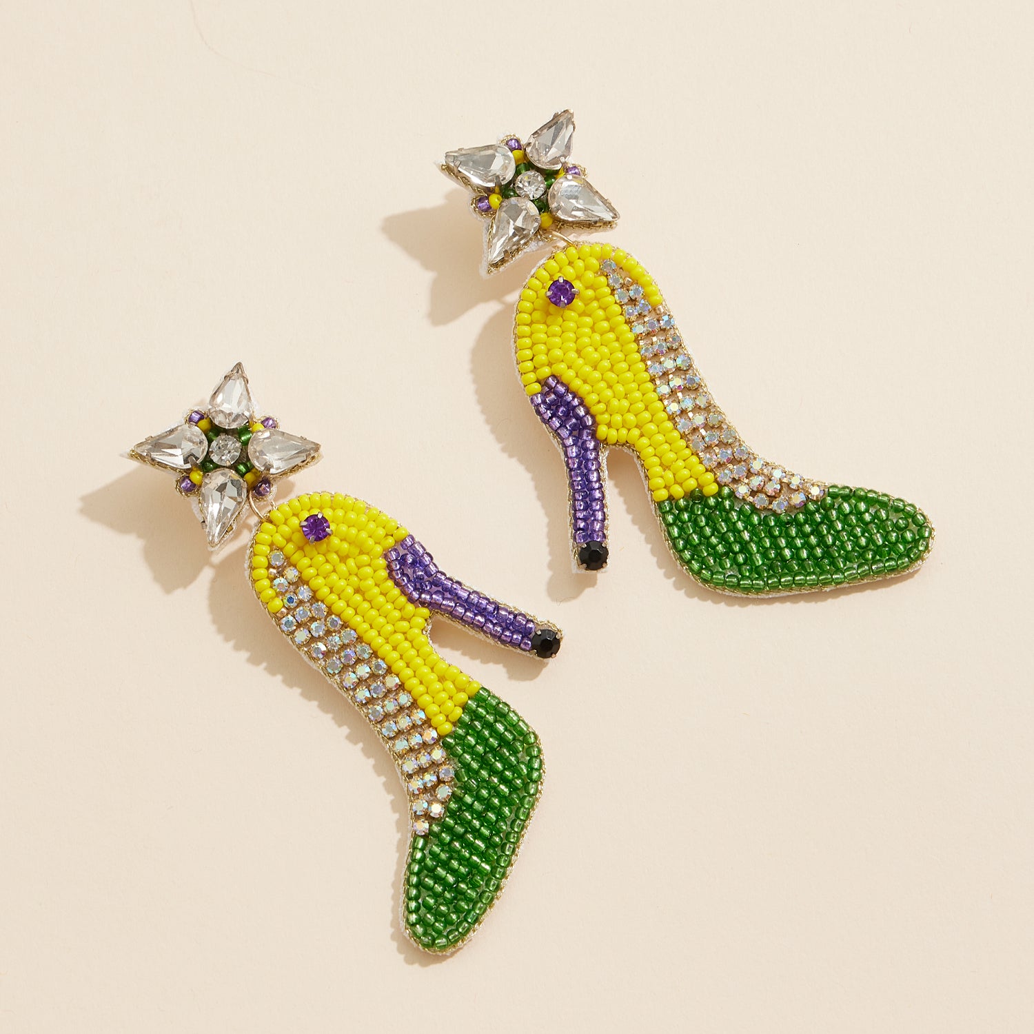 Statement Mardi Gras High Heel Beaded Earrings with Rhinestone Detail