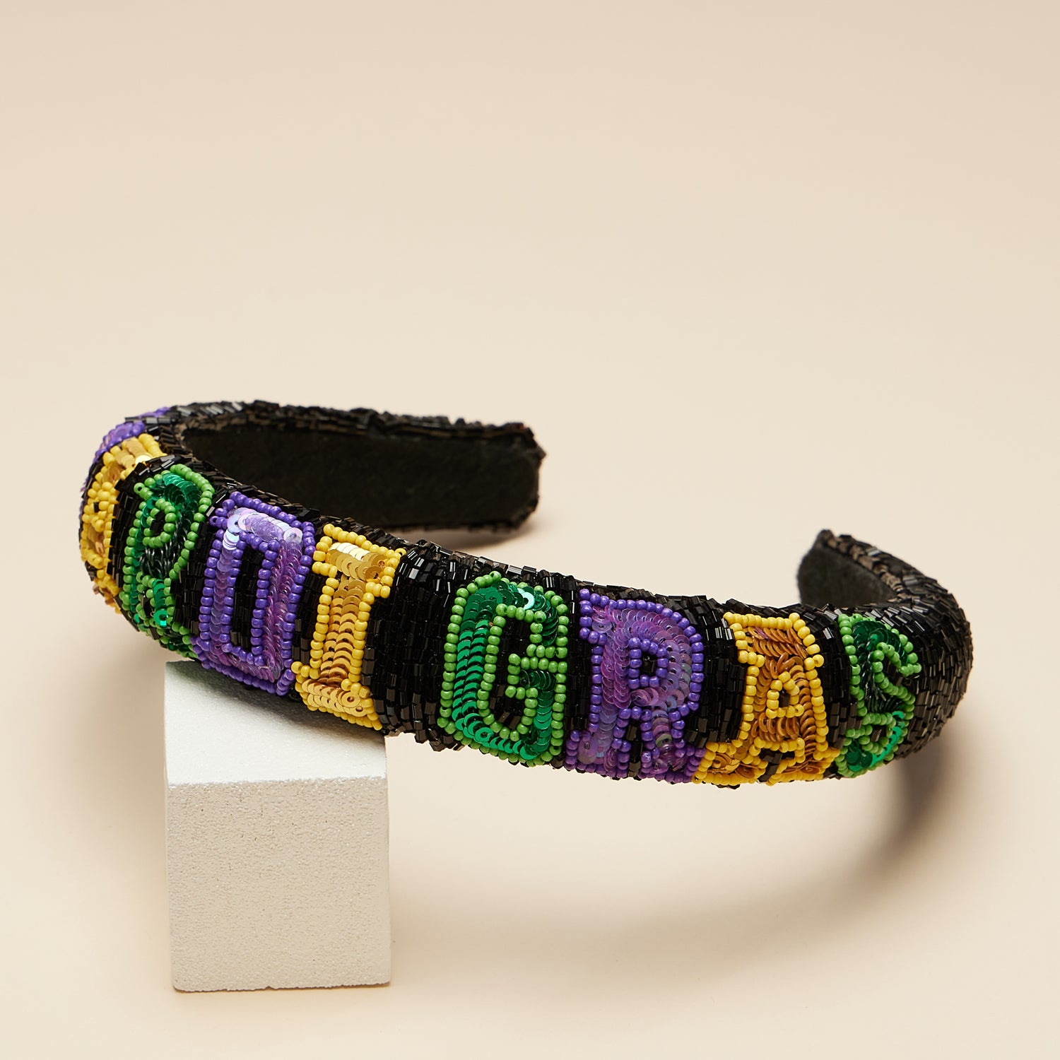 Elegant Beaded Mardi Gras Headband with Multicolor Script Detailing