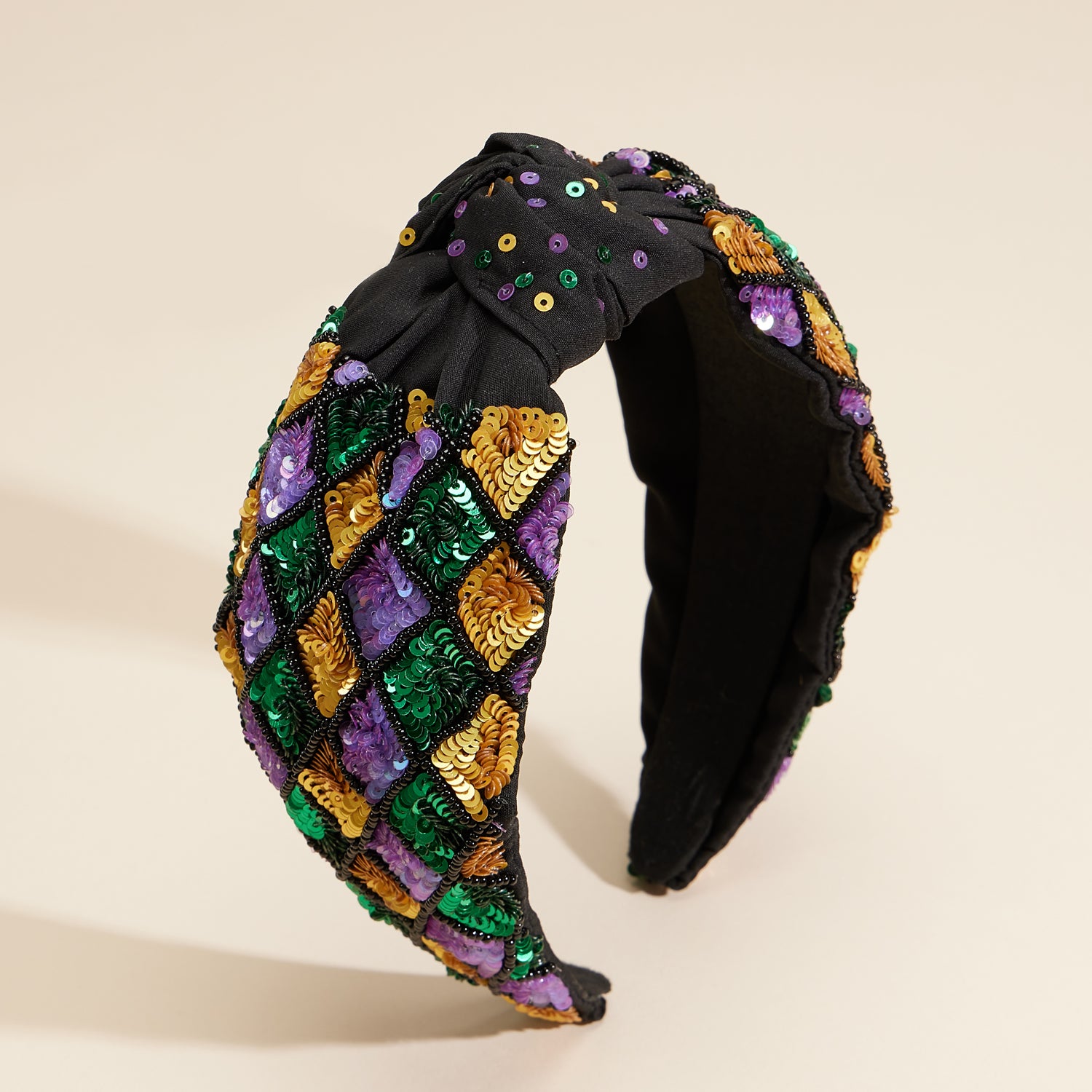 Refined Sequin Mardi Gras Headband with Knotted Detail