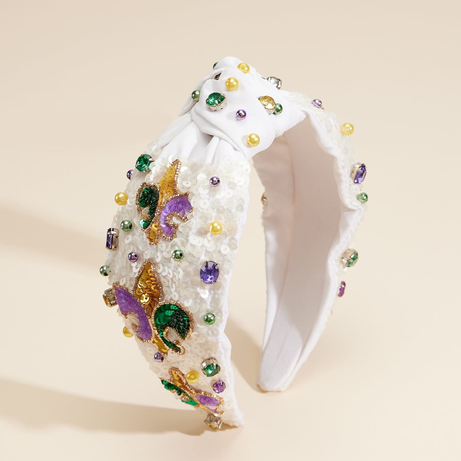 Refined White Mardi Gras Headband with Fleur-de-Lis & Jewel Accents