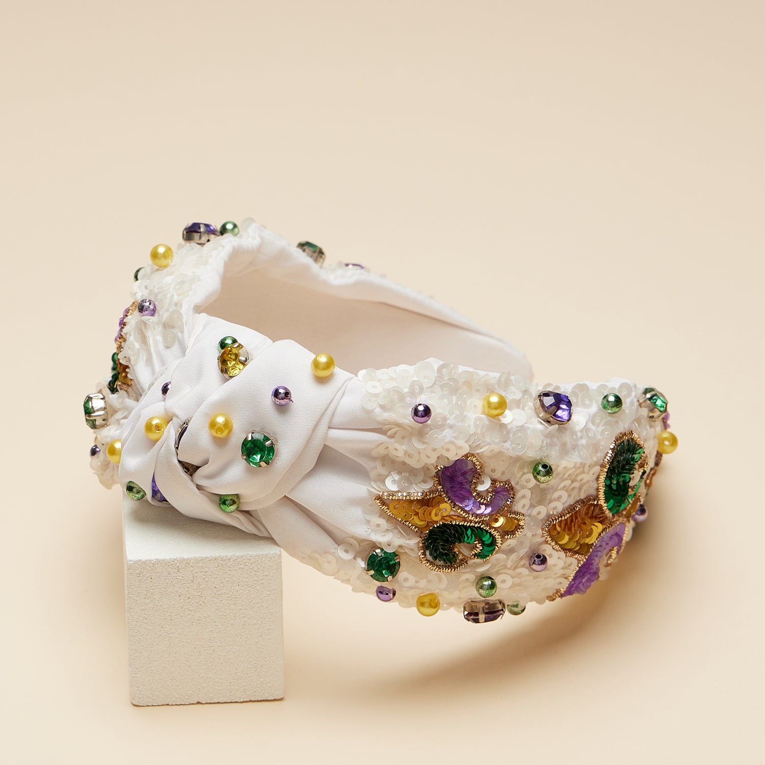 Refined White Mardi Gras Headband with Fleur-de-Lis & Jewel Accents