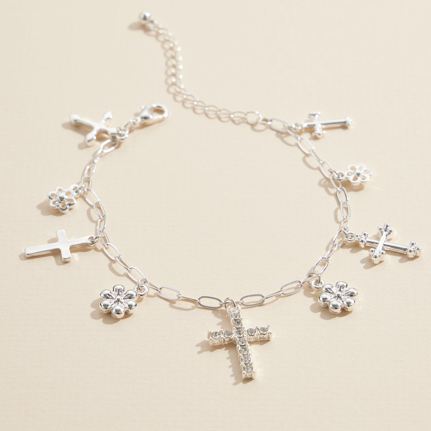 Gold and Silver Charm Bracelet with Cross and Floral Pendants – Fashion Jewelry