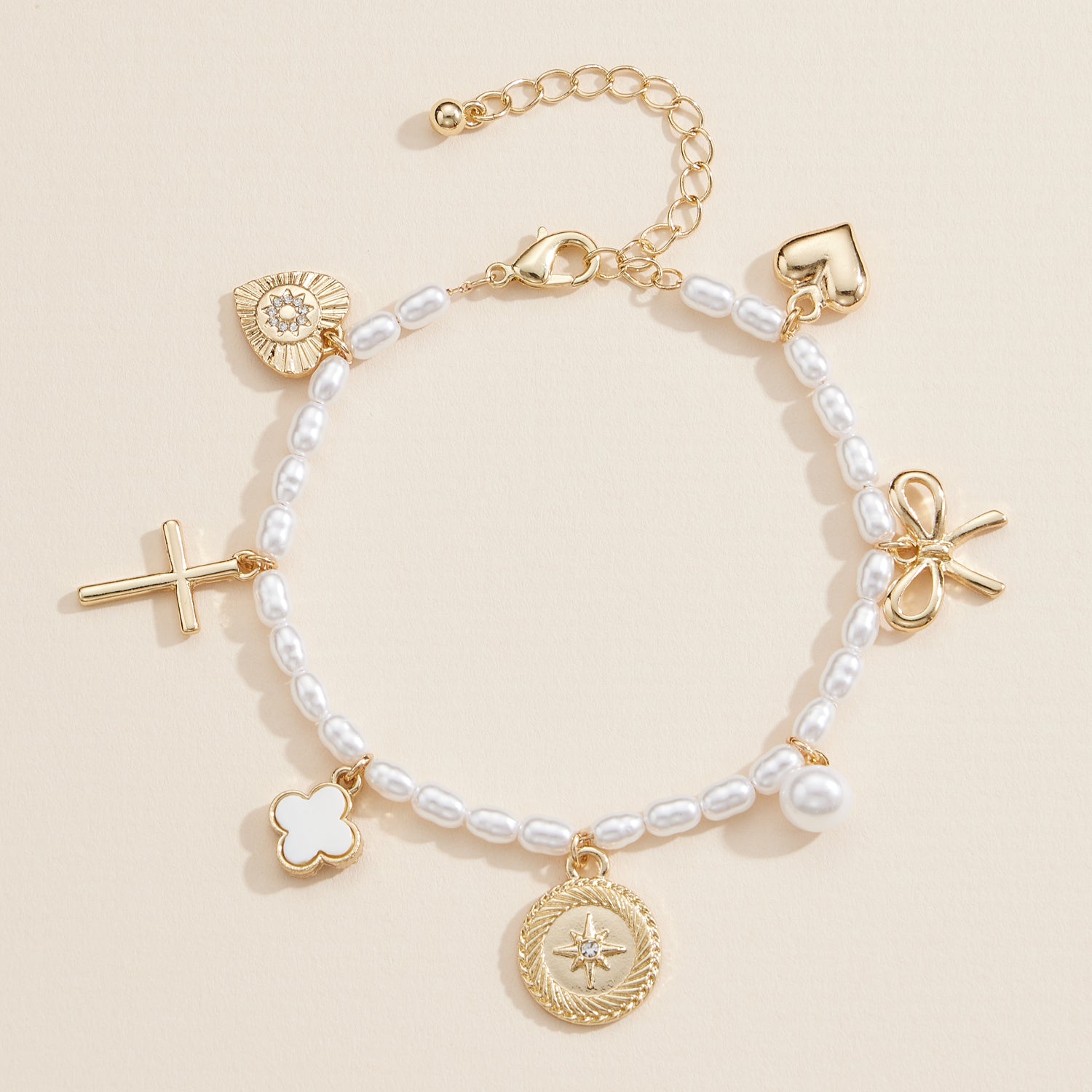 Pearl Charm Bracelet – Cross, Heart, Compass, Clover and Bow Charms With Adjustable Chain