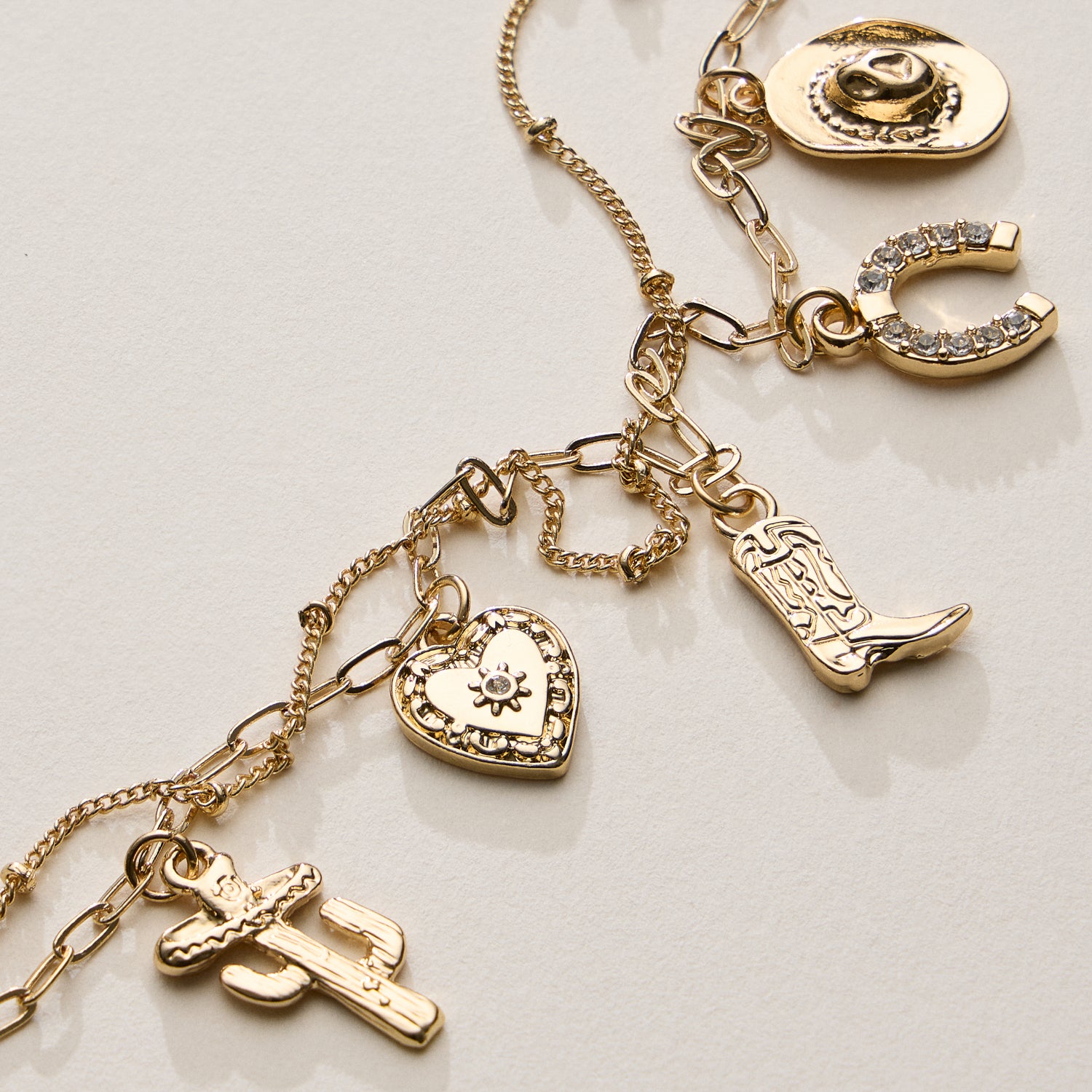 Western Charm Bracelet with Cowboy Boot, Hat, Horseshoe, Cactus & Heart Pendants