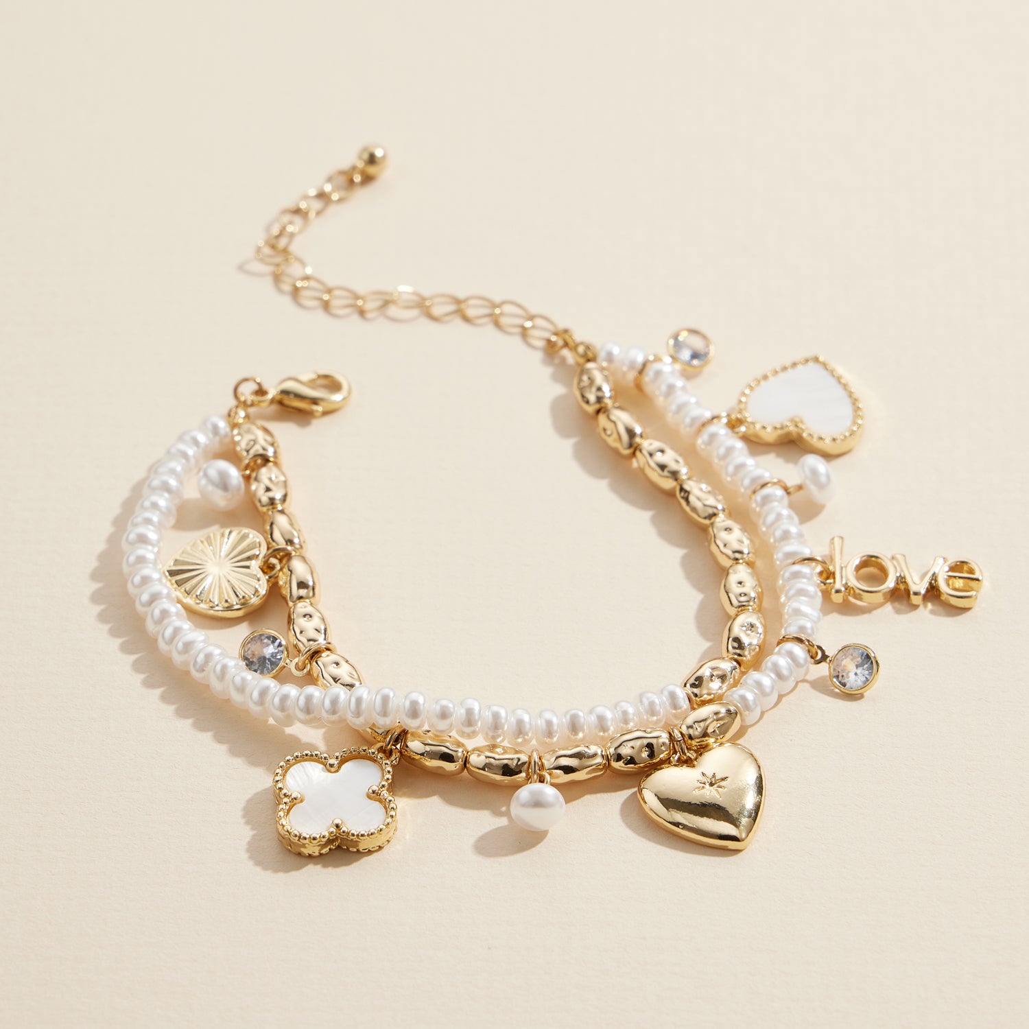 Layered Pearl Charm Bracelet with Love, Heart & Clover Pendants