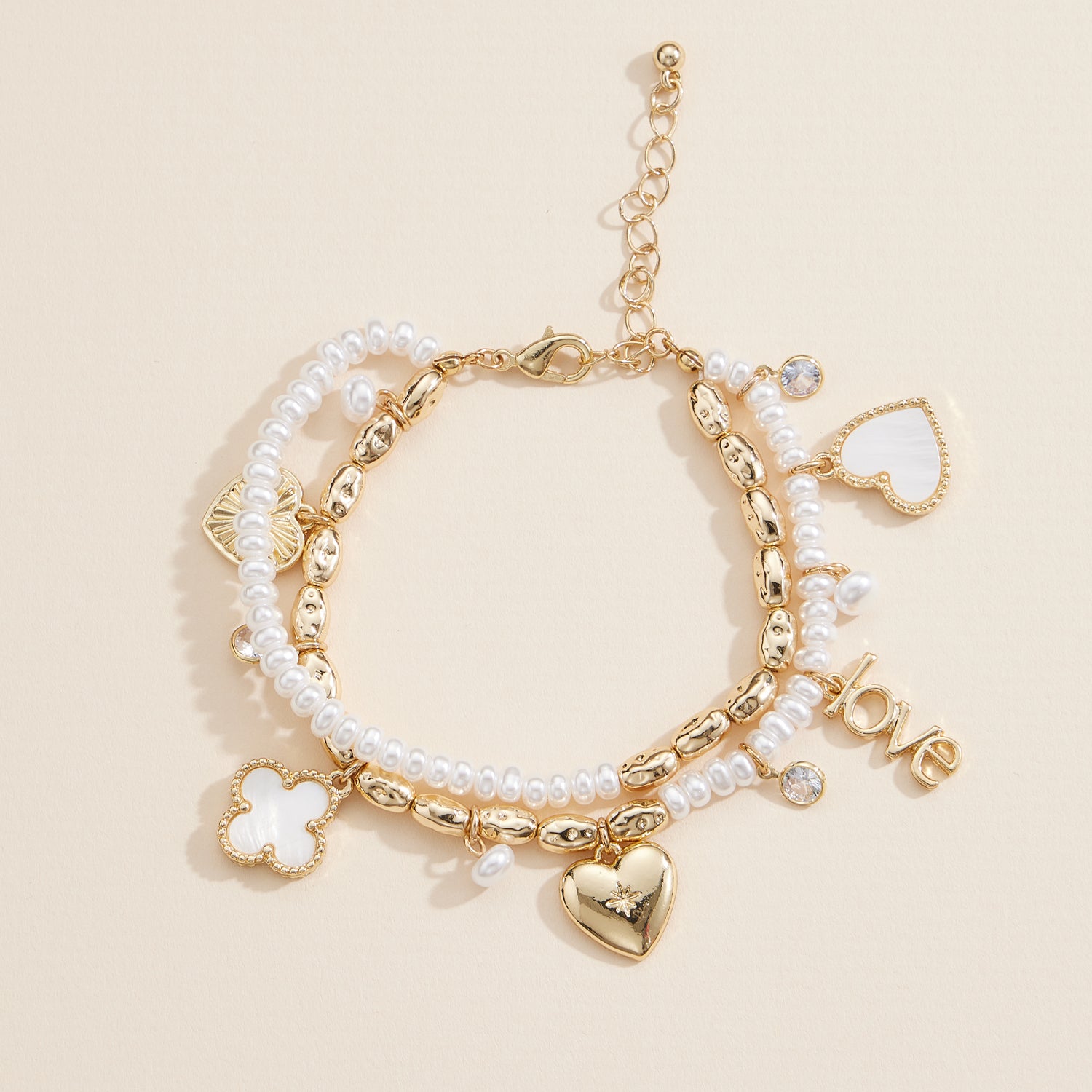 Layered Pearl Charm Bracelet with Love, Heart & Clover Pendants