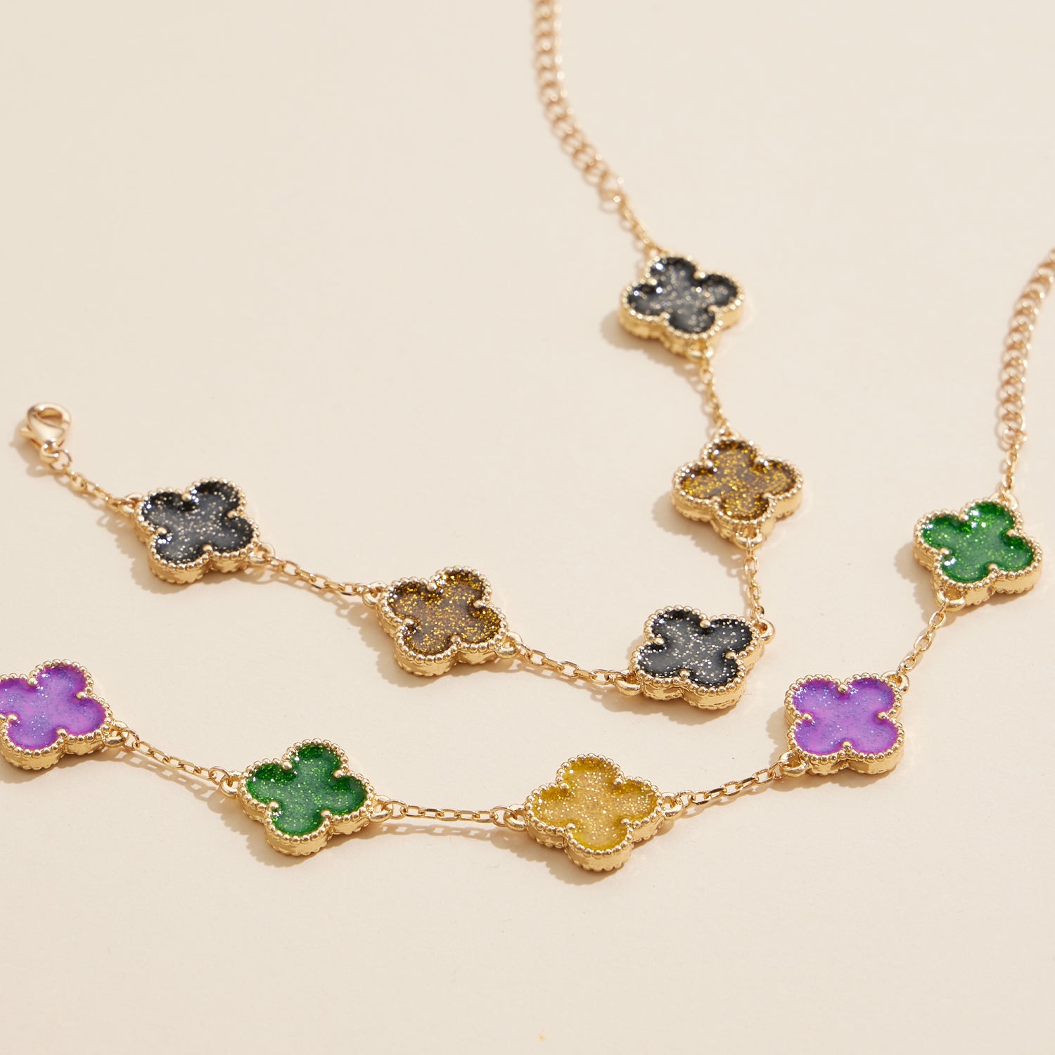 Mardi Gras Floral Link Bracelet with Colorful Charms Festive Jewelry